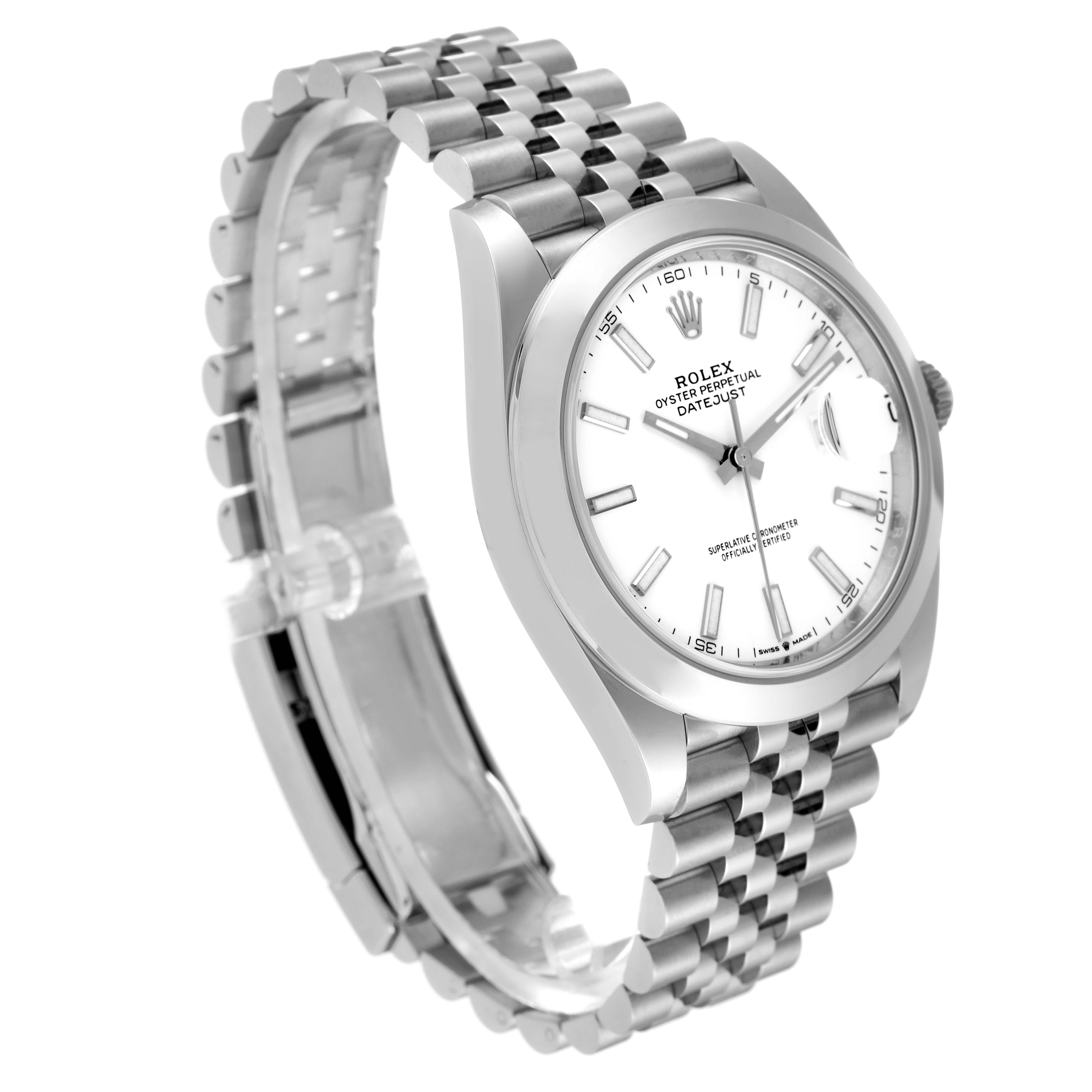 The Rolex Datejust 41 126300 Men's Stainless Steel White Dial 126300 Men's Stainless Steel White Dial watch is shown at a slight angle, highlighting its face, case, and bracelet.