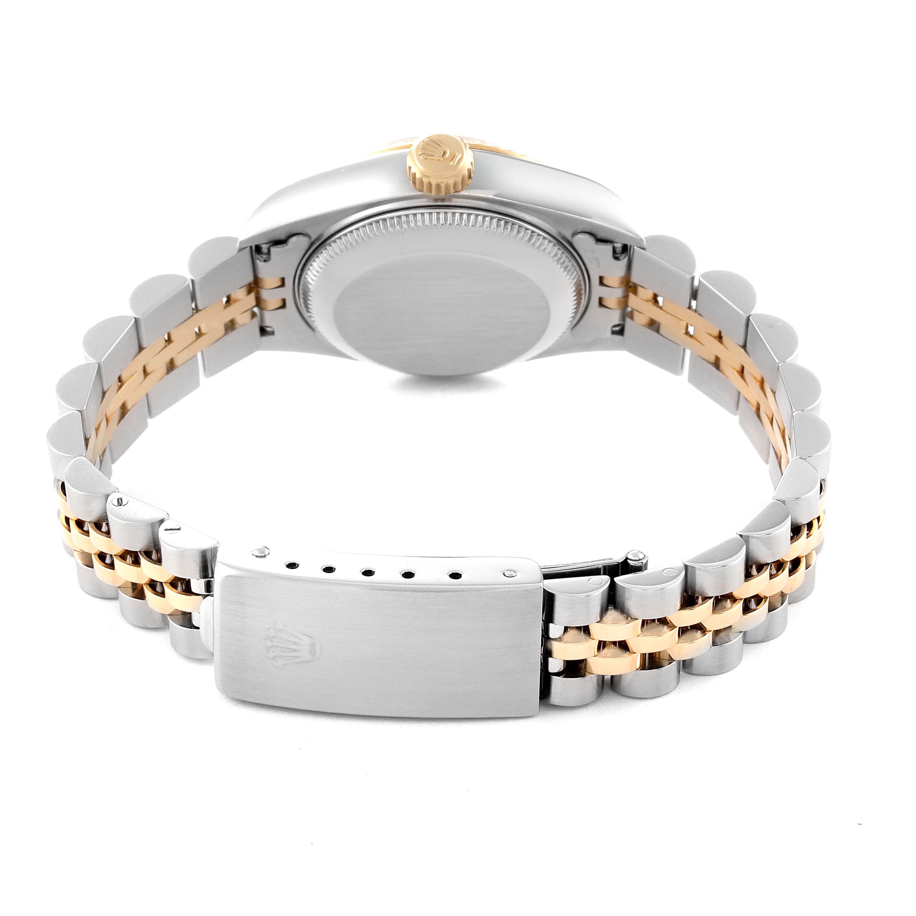 This image shows the back view of a Rolex Datejust 69173 Women's Steel and Gold (two tone) Blue Dial 69173 Women's Steel and Gold (two tone) Blue Dial model watch, highlighting the clasp, bracelet, and case back.