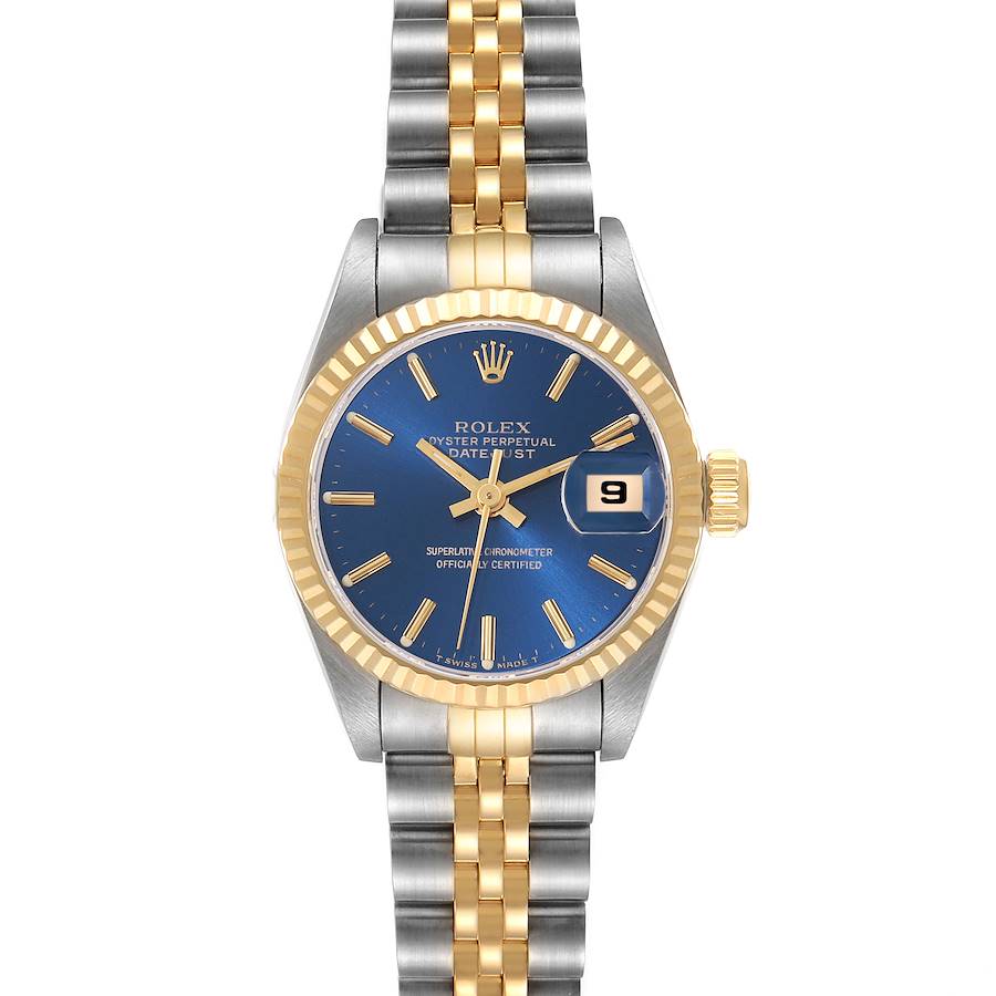 This image shows a front view of the Rolex Datejust, featuring its blue dial, gold fluted bezel, and two-tone bracelet.