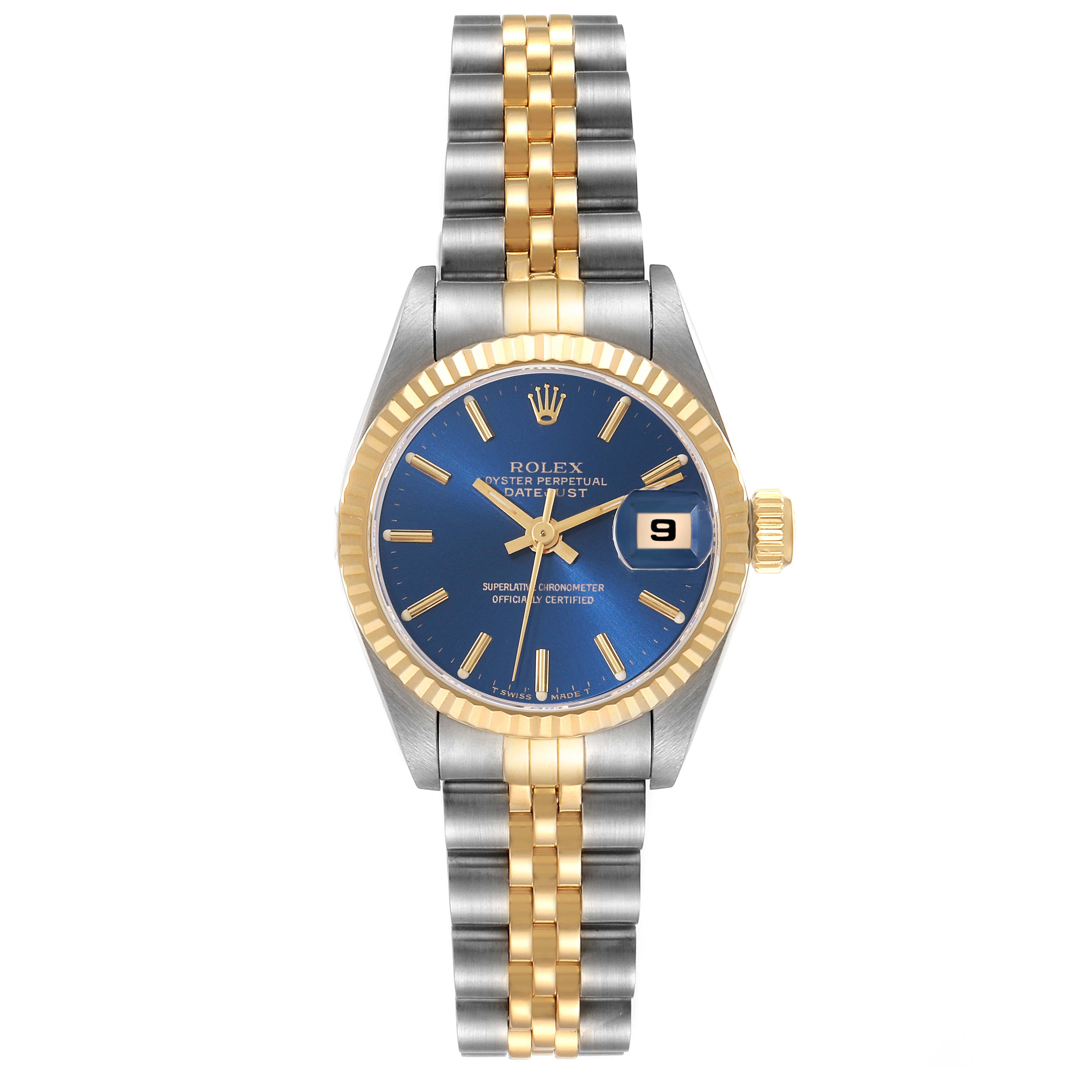 The image shows a front view of a Rolex Datejust 69173 Women's Steel and Gold (two tone) Blue Dial 69173 Women's Steel and Gold (two tone) Blue Dial watch featuring a blue dial, date display, and two-tone bracelet.