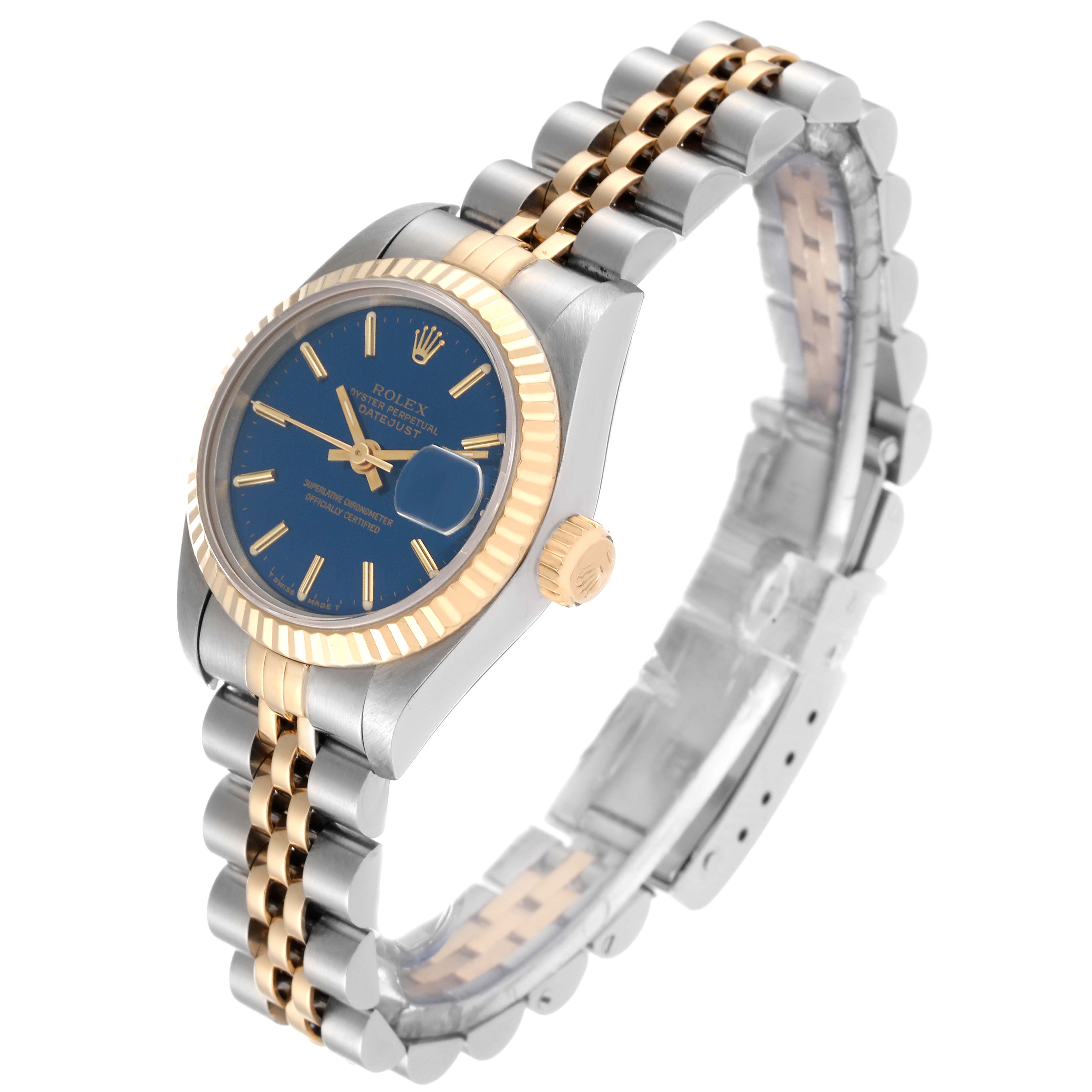 This image shows a Rolex Datejust 69173 Women's Steel and Gold (two tone) Blue Dial 69173 Women's Steel and Gold (two tone) Blue Dial watch at an oblique angle, highlighting the blue dial, fluted bezel, and two-tone bracelet.