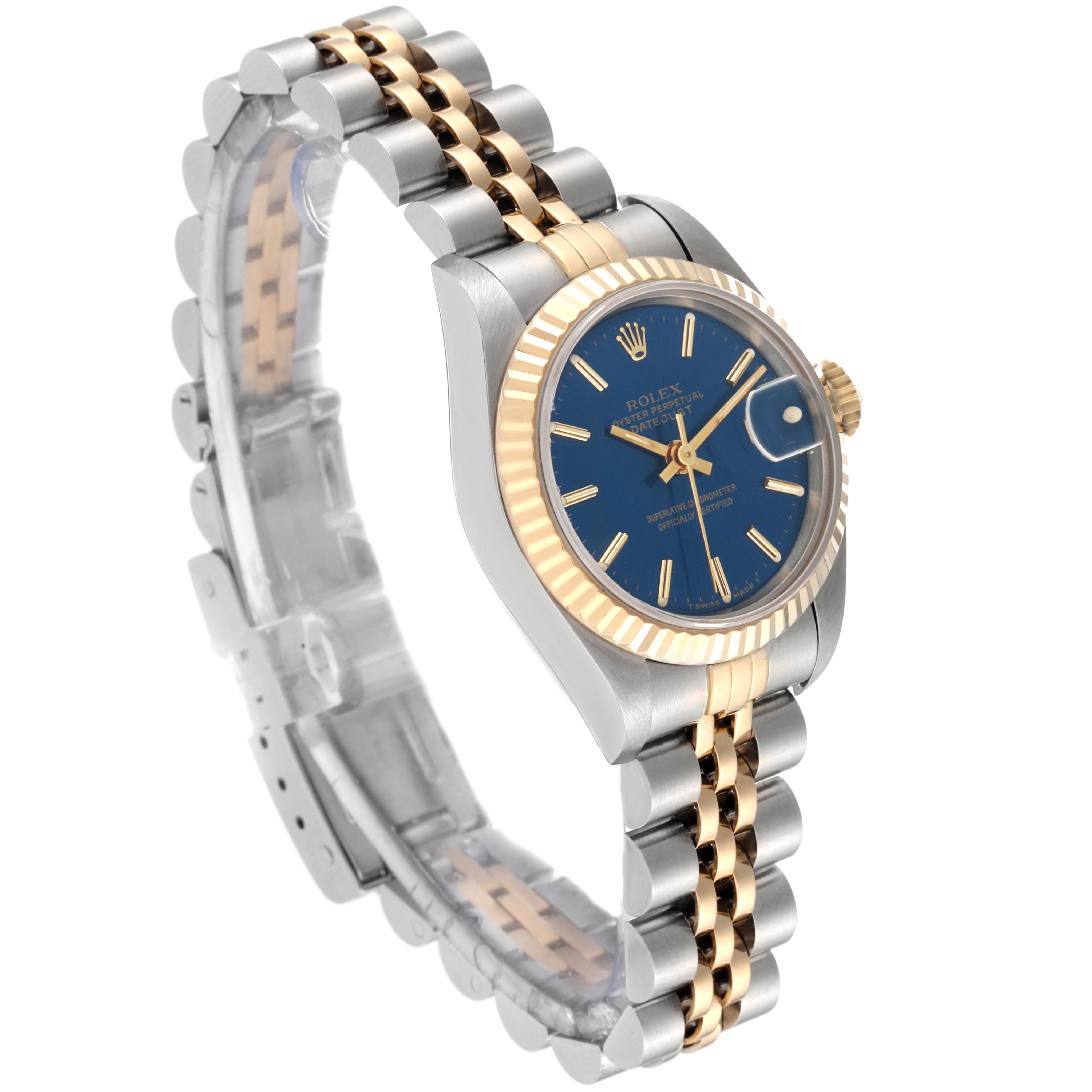 This image shows a side and partial top view of a Rolex Datejust 69173 Women's Steel and Gold (two tone) Blue Dial 69173 Women's Steel and Gold (two tone) Blue Dial watch, highlighting its bracelet, case, bezel, and dial.
