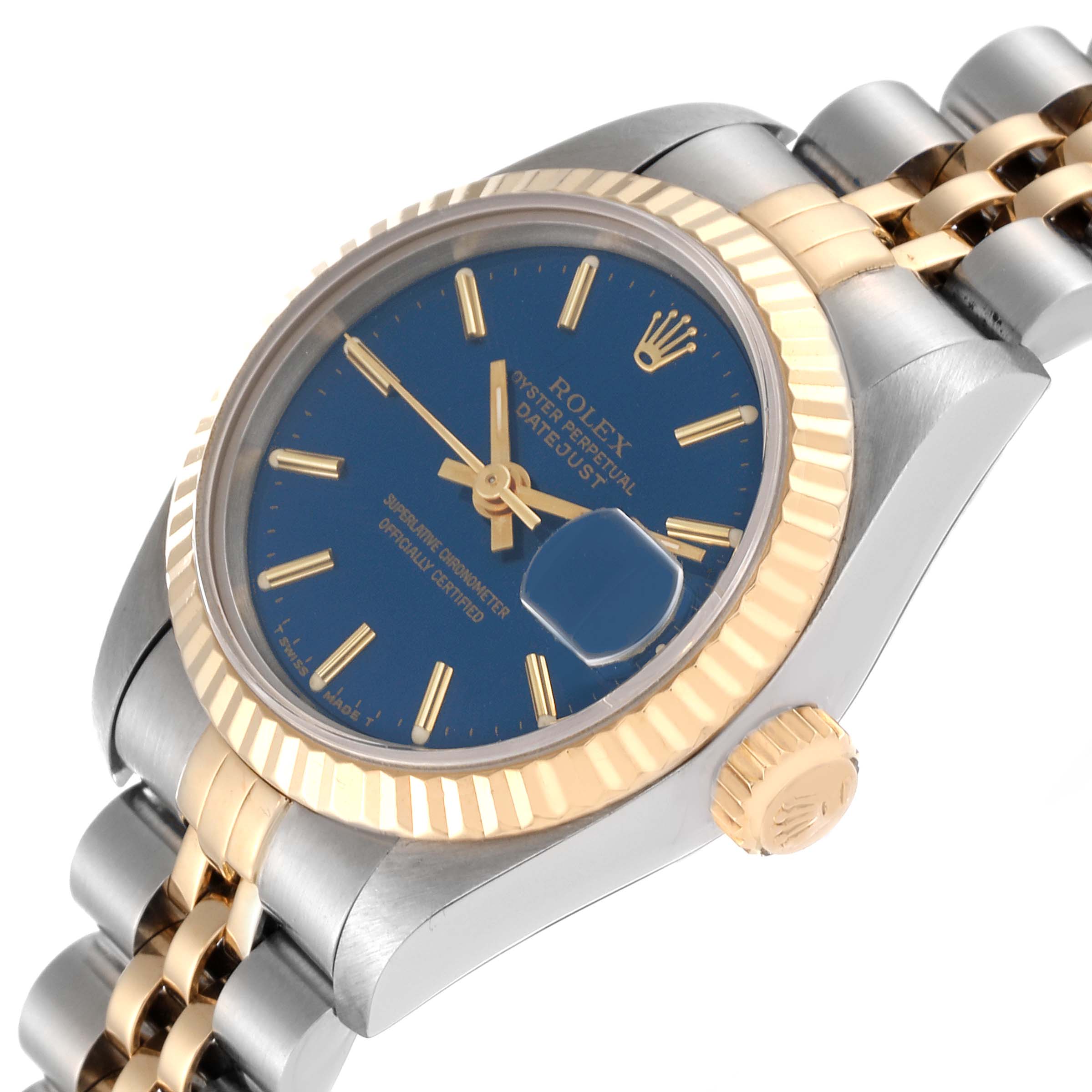 The image shows a Rolex Datejust 69173 Women's Steel and Gold (two tone) Blue Dial 69173 Women's Steel and Gold (two tone) Blue Dial watch at an angle highlighting its blue dial, fluted bezel, and jubilee bracelet.