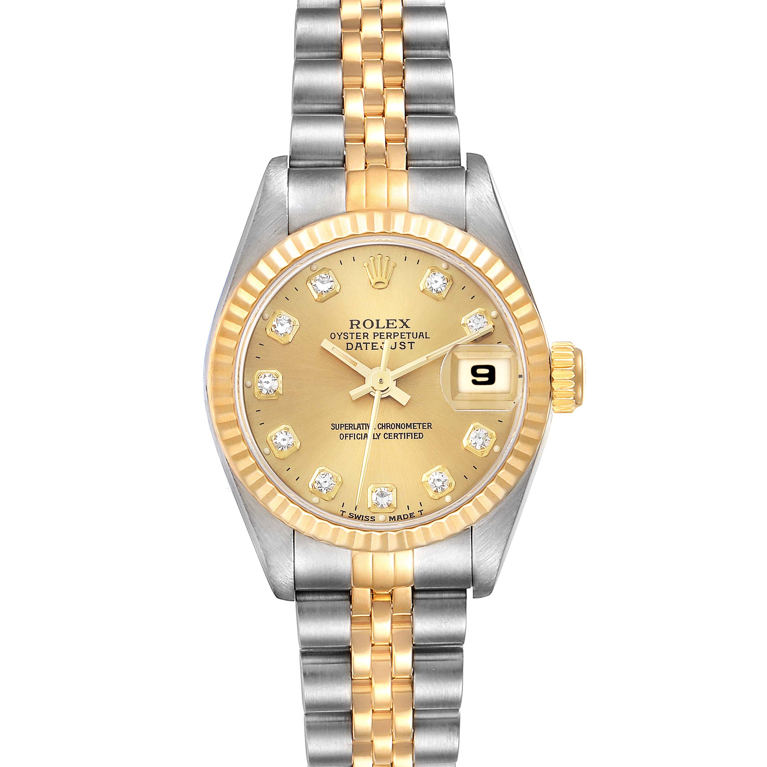 This image shows a frontal view of a Rolex Datejust 69173 Women's Steel and Gold (two tone) Champagne Dial 69173 Women's Steel and Gold (two tone) Champagne Dial watch with a two-tone bracelet and diamond hour markers.