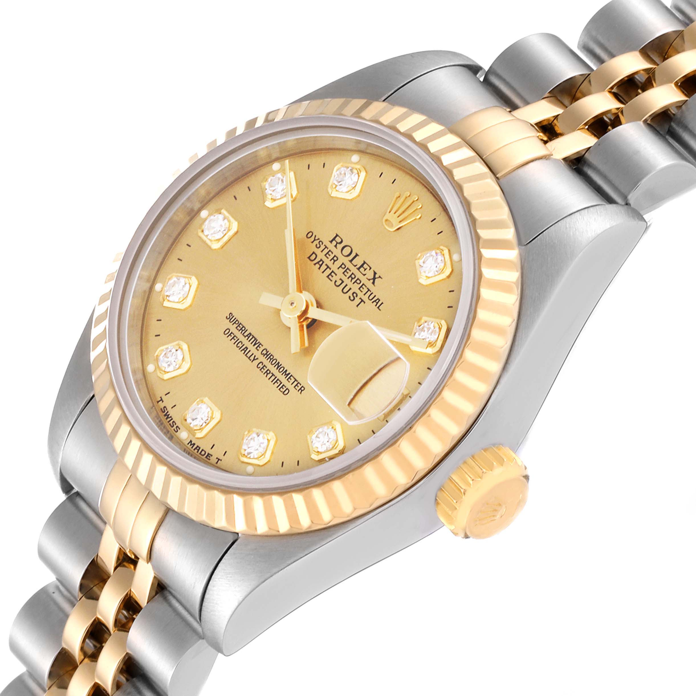 The image shows a close-up, angled view of the Rolex Datejust 69173 Women's Steel and Gold (two tone) Champagne Dial 69173 Women's Steel and Gold (two tone) Champagne Dial watch, displaying the face, bezel, and part of the bracelet.