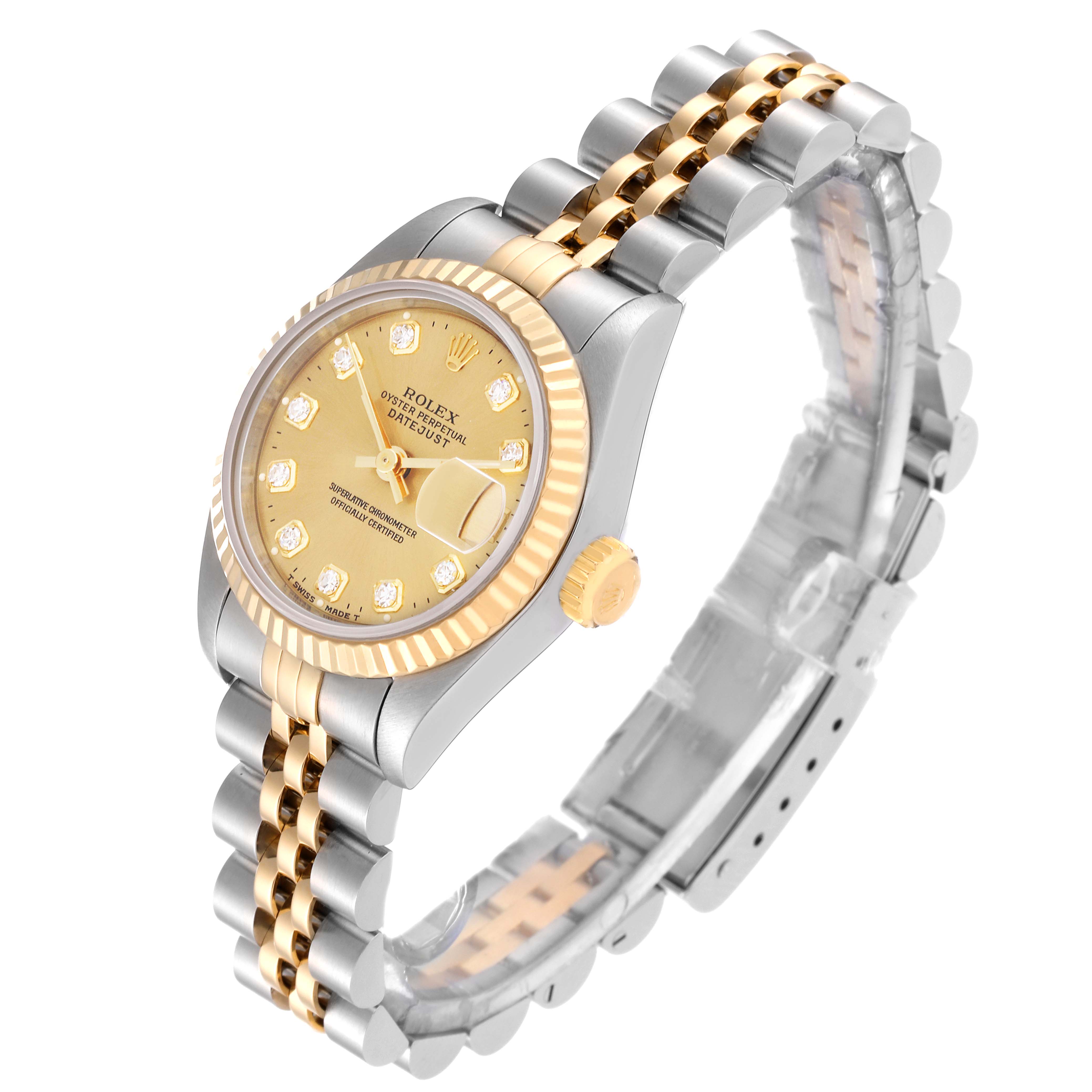 This image shows a Rolex Datejust 69173 Women's Steel and Gold (two tone) Champagne Dial 69173 Women's Steel and Gold (two tone) Champagne Dial watch from a 3/4 front angle, highlighting the dial, bezel, crown, and Jubilee bracelet.
