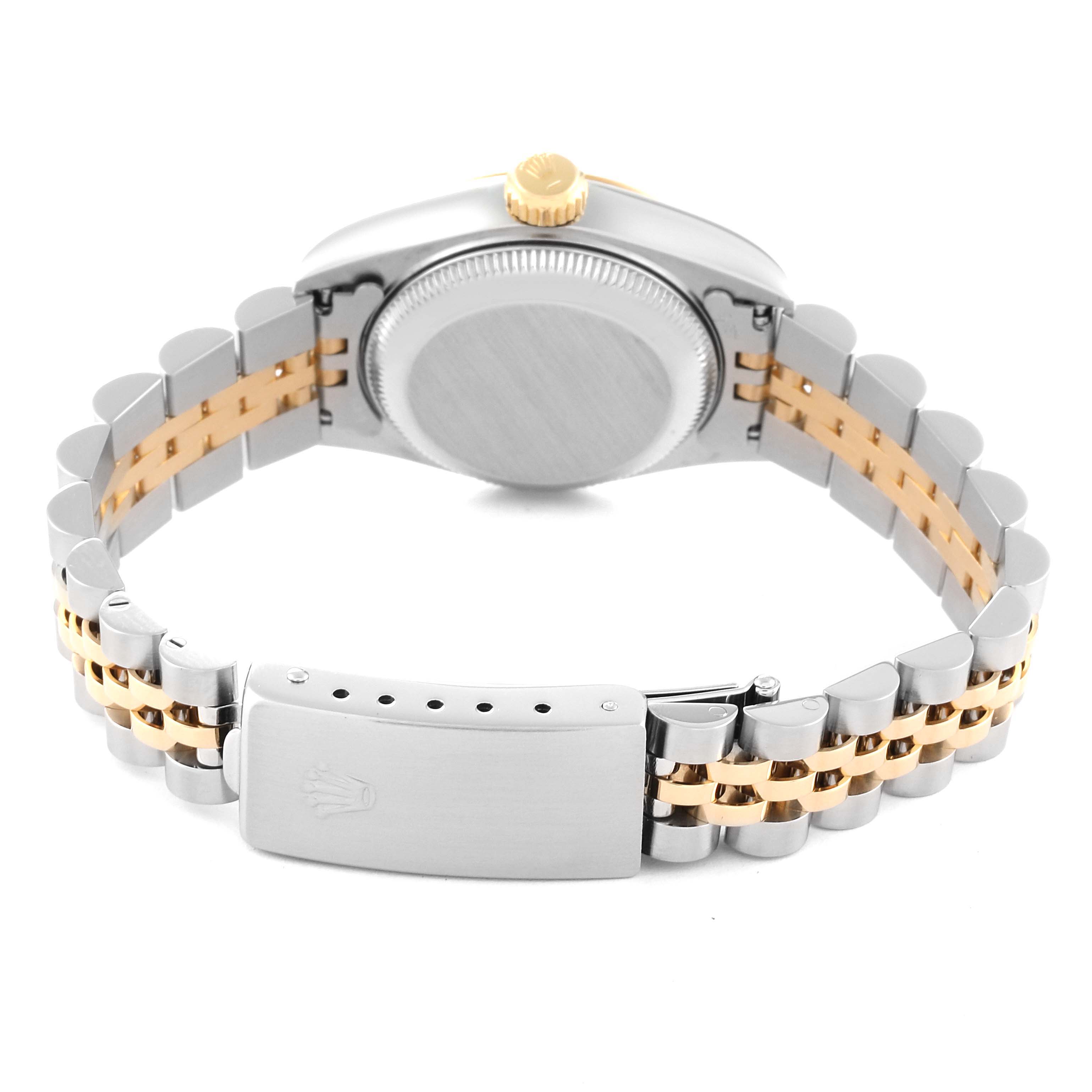 This image shows the back case and bracelet of a Rolex Datejust 69173 Women's Steel and Gold (two tone) Champagne Dial 69173 Women's Steel and Gold (two tone) Champagne Dial watch, highlighting its two-tone design and clasp.