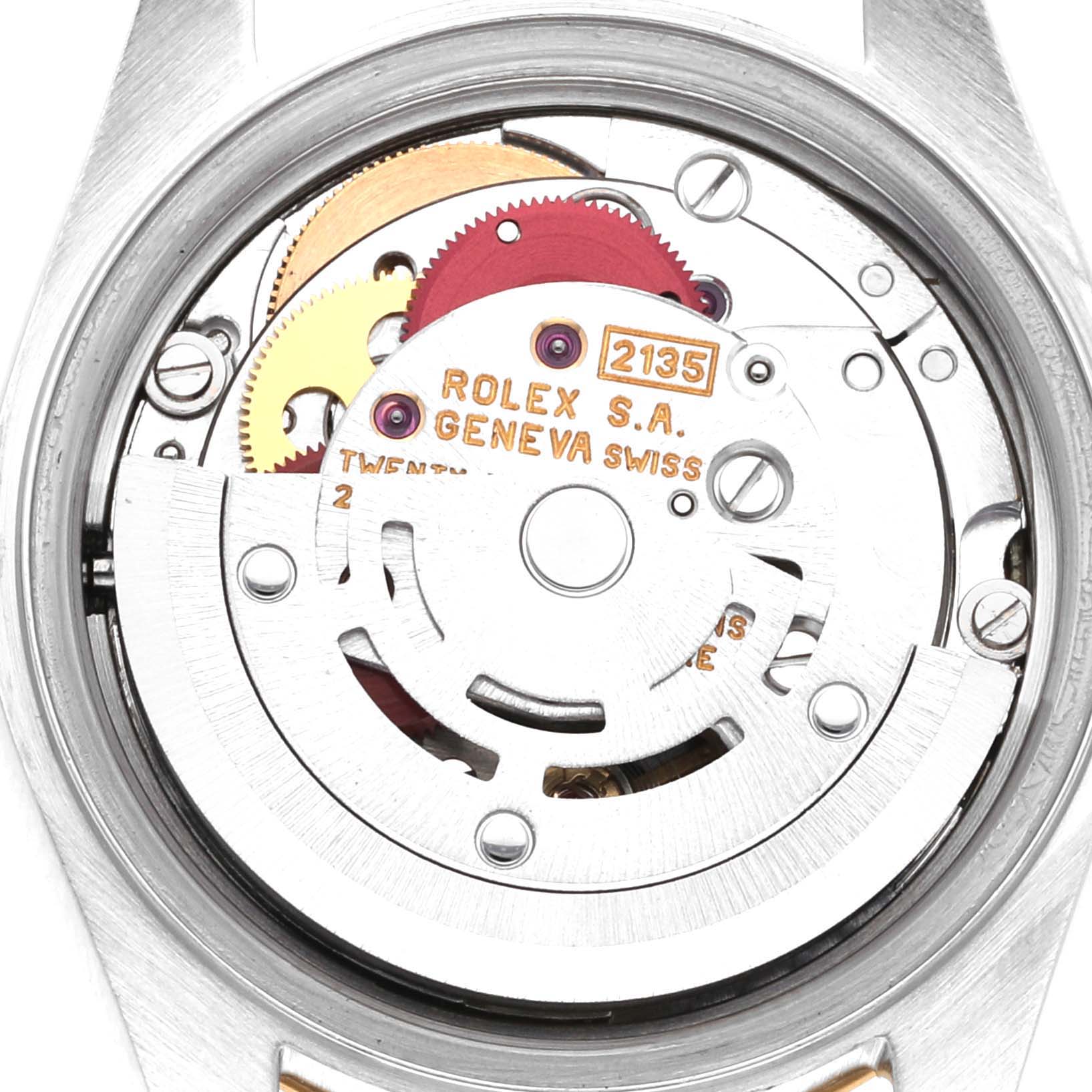 The image shows the back view of the Rolex Datejust 69173 Women's Steel and Gold (two tone) Champagne Dial 69173 Women's Steel and Gold (two tone) Champagne Dial model, highlighting its internal movement and mechanical parts.