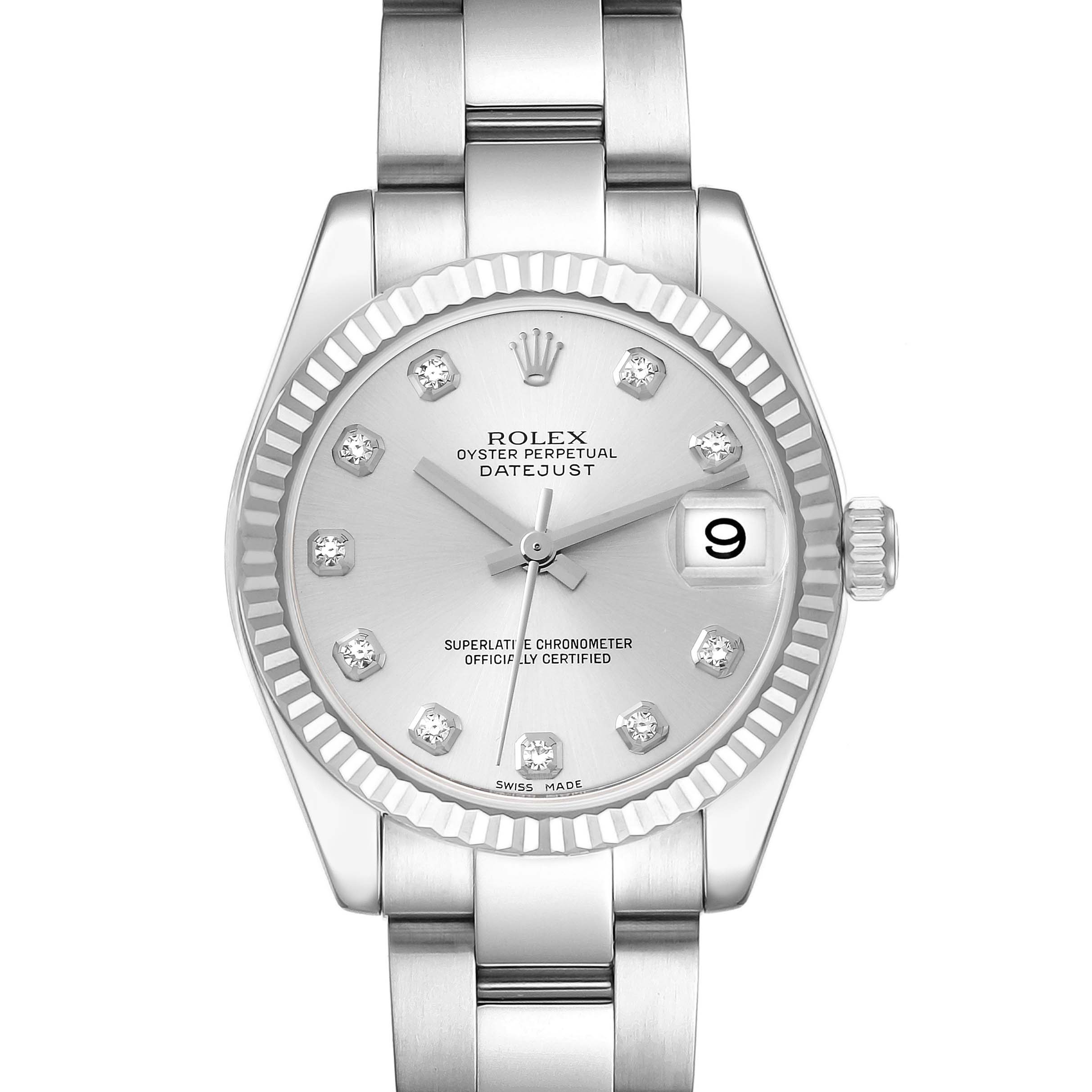 This image shows a front view of a Rolex Mid-Size 178274 Women
s Stainless Steel Silver Dial 178274 Women
s Stainless Steel Silver Dial Oyster Perpetual Datejust watch, highlighting its face and bracelet.