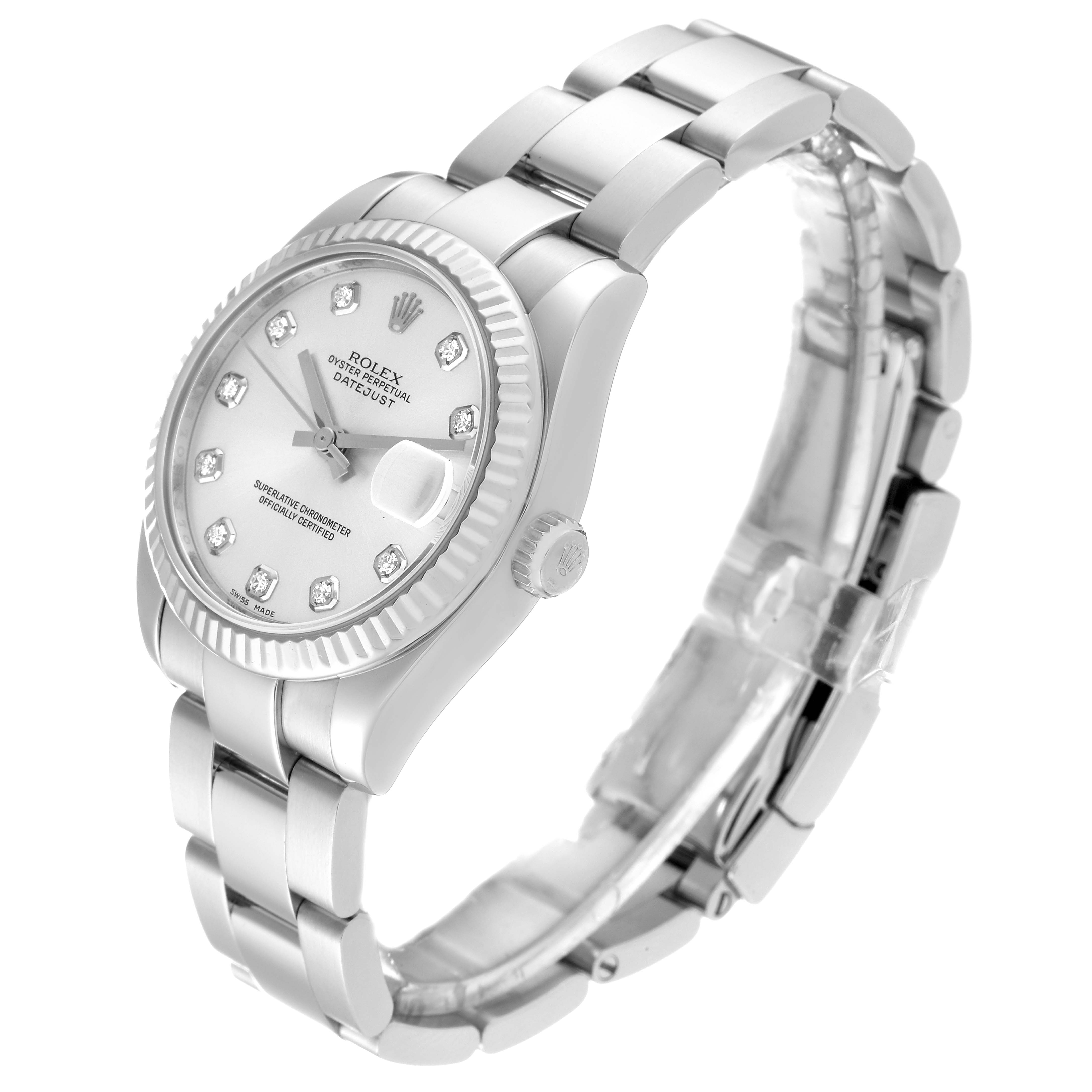 The image shows a Mid-Size Rolex Datejust watch viewed from an oblique angle, highlighting the dial, bezel, bracelet, and crown.