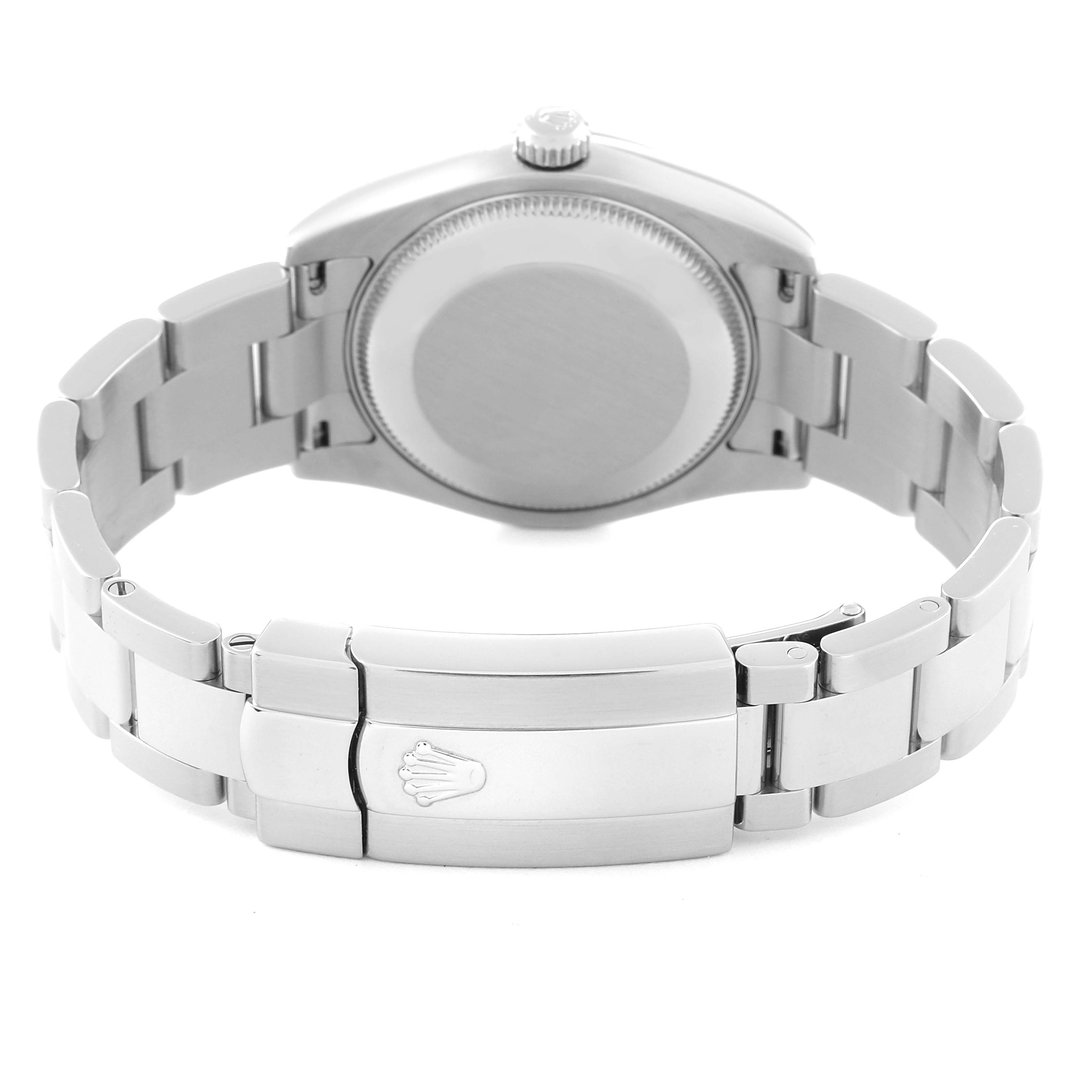 This image shows the back view of a Mid-Size Rolex watch, highlighting the bracelet and clasp.