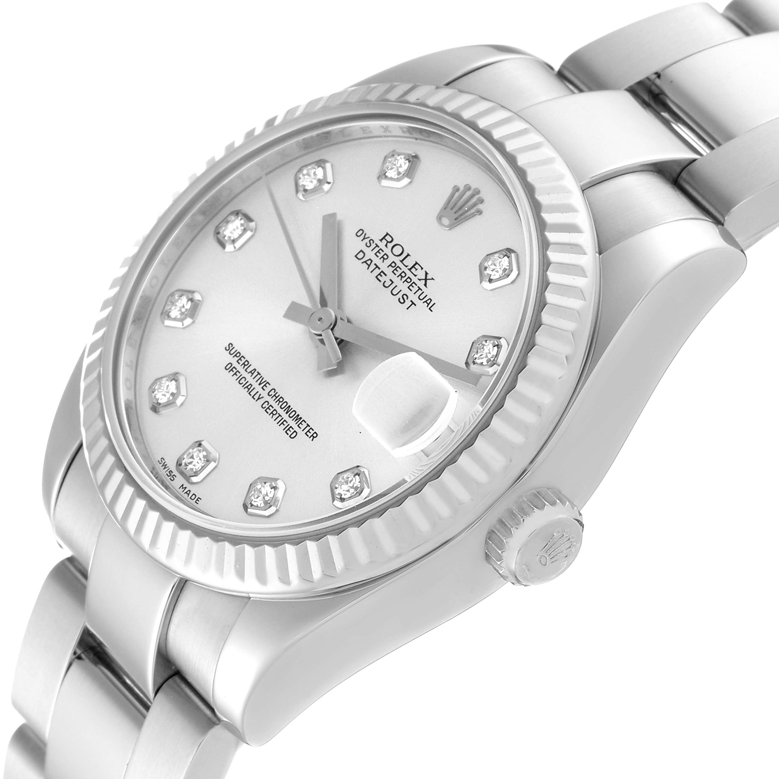 The image shows a Rolex Mid-Size 178274 Women
s Stainless Steel Silver Dial 178274 Women
s Stainless Steel Silver Dial Oyster Perpetual Datejust watch at an angle highlighting the dial, bezel, and crown.