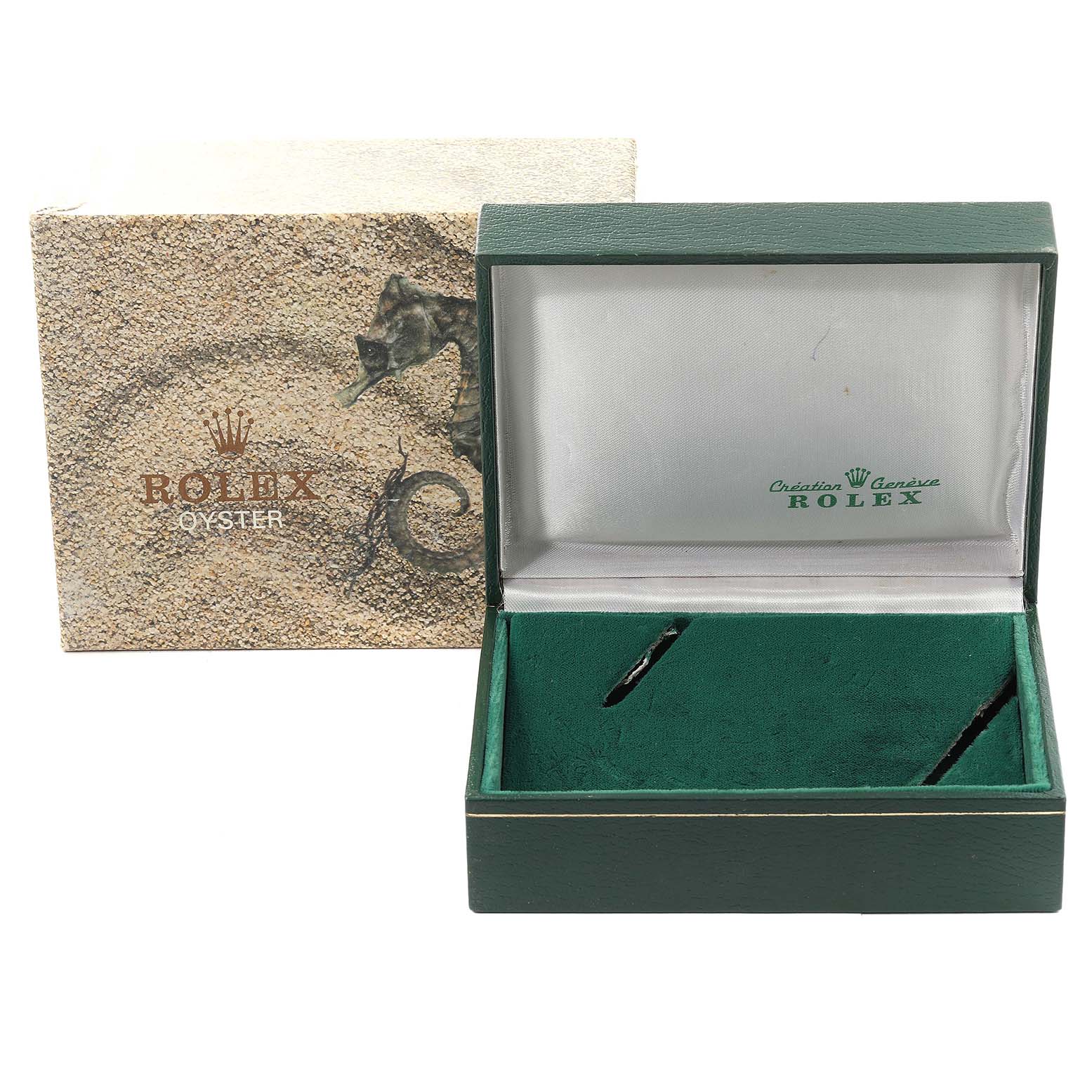 This image shows an empty Rolex watch box and its outer packaging from a Mid-Size model, displayed from a front angle.