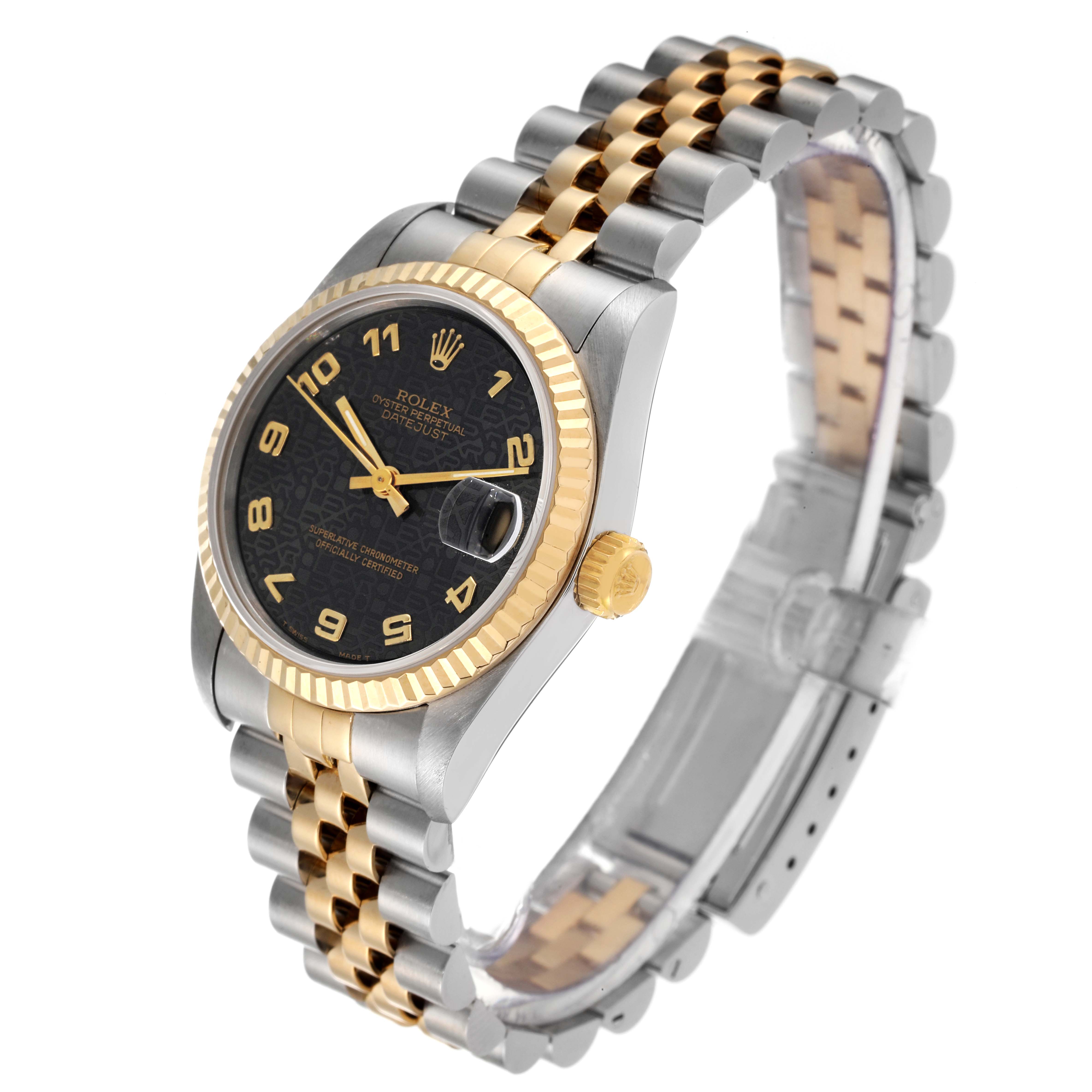 The image shows a side angle of a Rolex Mid-Size 68273 Women's Steel and Gold (two tone) Black Dial 68273 Women's Steel and Gold (two tone) Black Dial watch, highlighting its two-tone metal bracelet, black dial, and gold bezel.