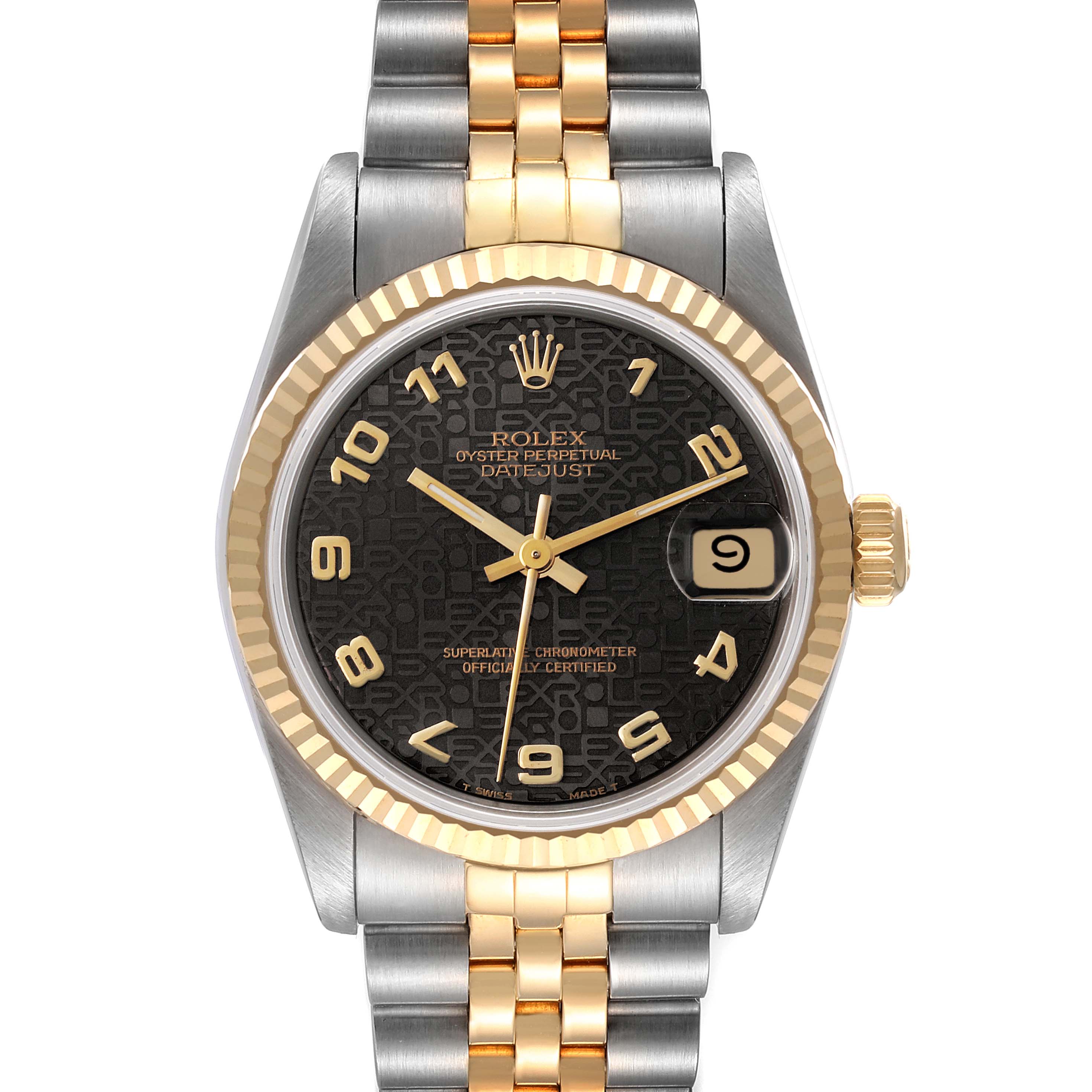 This is a front view of the Rolex Mid-Size 68273 Women's Steel and Gold (two tone) Black Dial 68273 Women's Steel and Gold (two tone) Black Dial Oyster Perpetual Datejust with a black dial, gold accents, and a two-tone steel and gold bracelet.