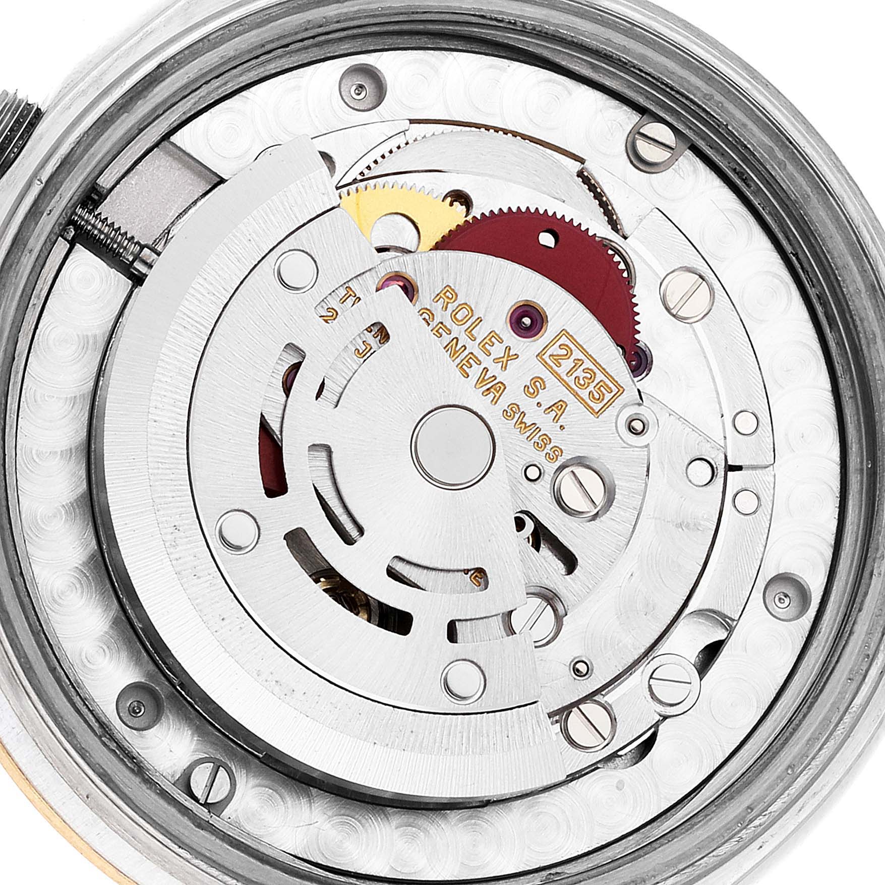 The image shows a close-up, top-down view of the movement mechanism of a Rolex Mid-Size 68273 Women's Steel and Gold (two tone) Black Dial 68273 Women's Steel and Gold (two tone) Black Dial watch.