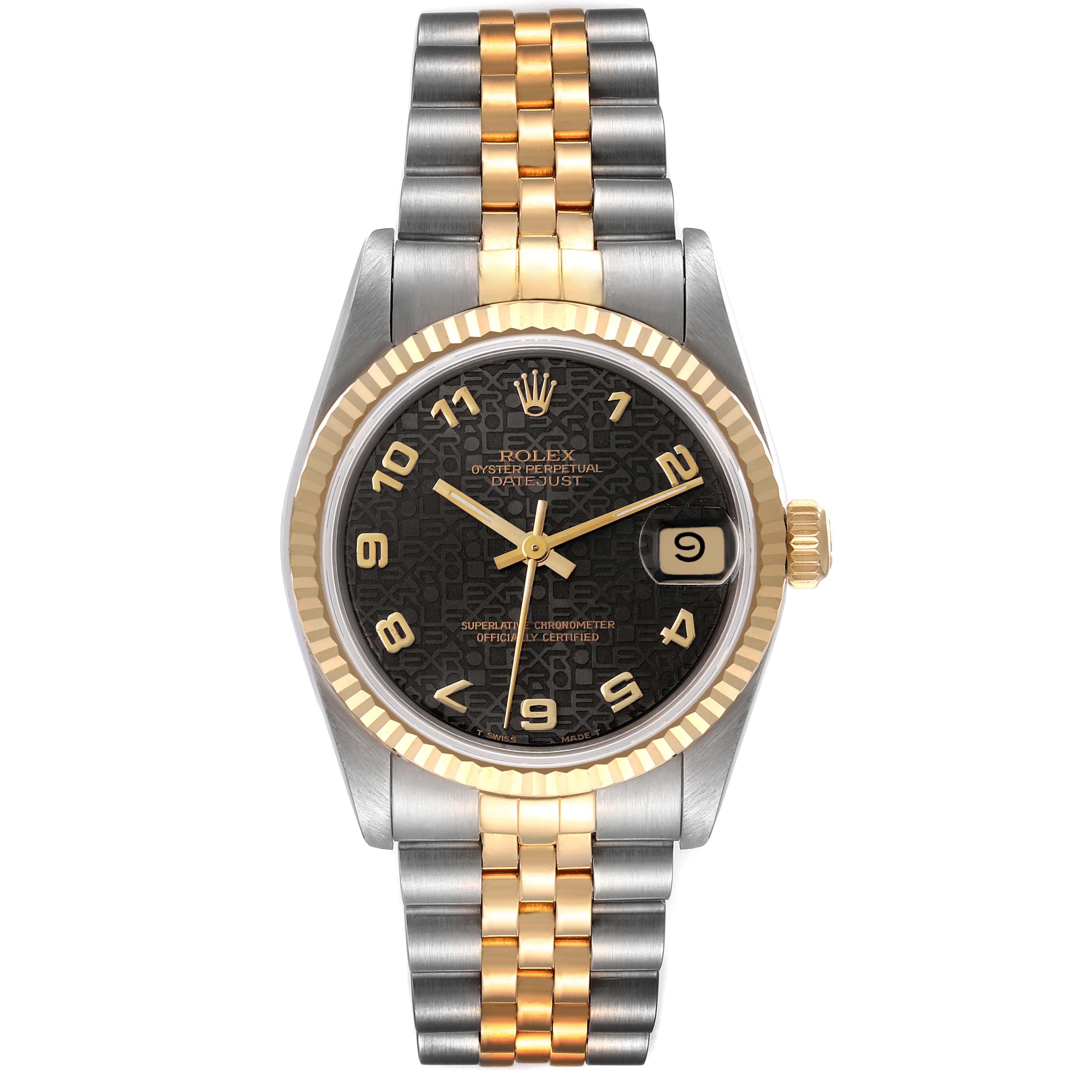 This image of a Rolex Mid-Size 68273 Women's Steel and Gold (two tone) Black Dial 68273 Women's Steel and Gold (two tone) Black Dial Oyster Perpetual Datejust shows the front view, including the dial, bezel, and bracelet.