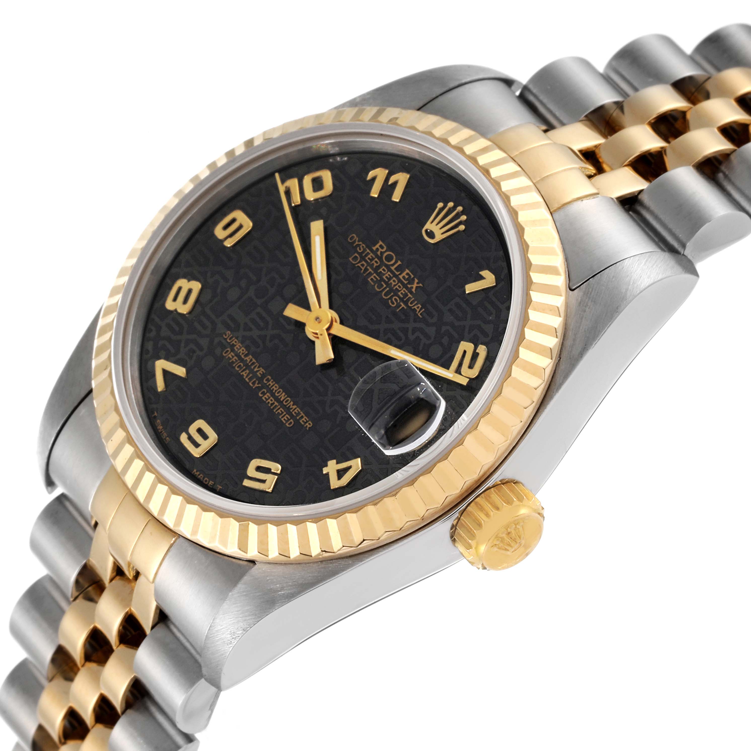 The image shows a close-up angle of a Rolex Mid-Size 68273 Women's Steel and Gold (two tone) Black Dial 68273 Women's Steel and Gold (two tone) Black Dial watch, highlighting its black dial, gold bezel, and two-tone bracelet.