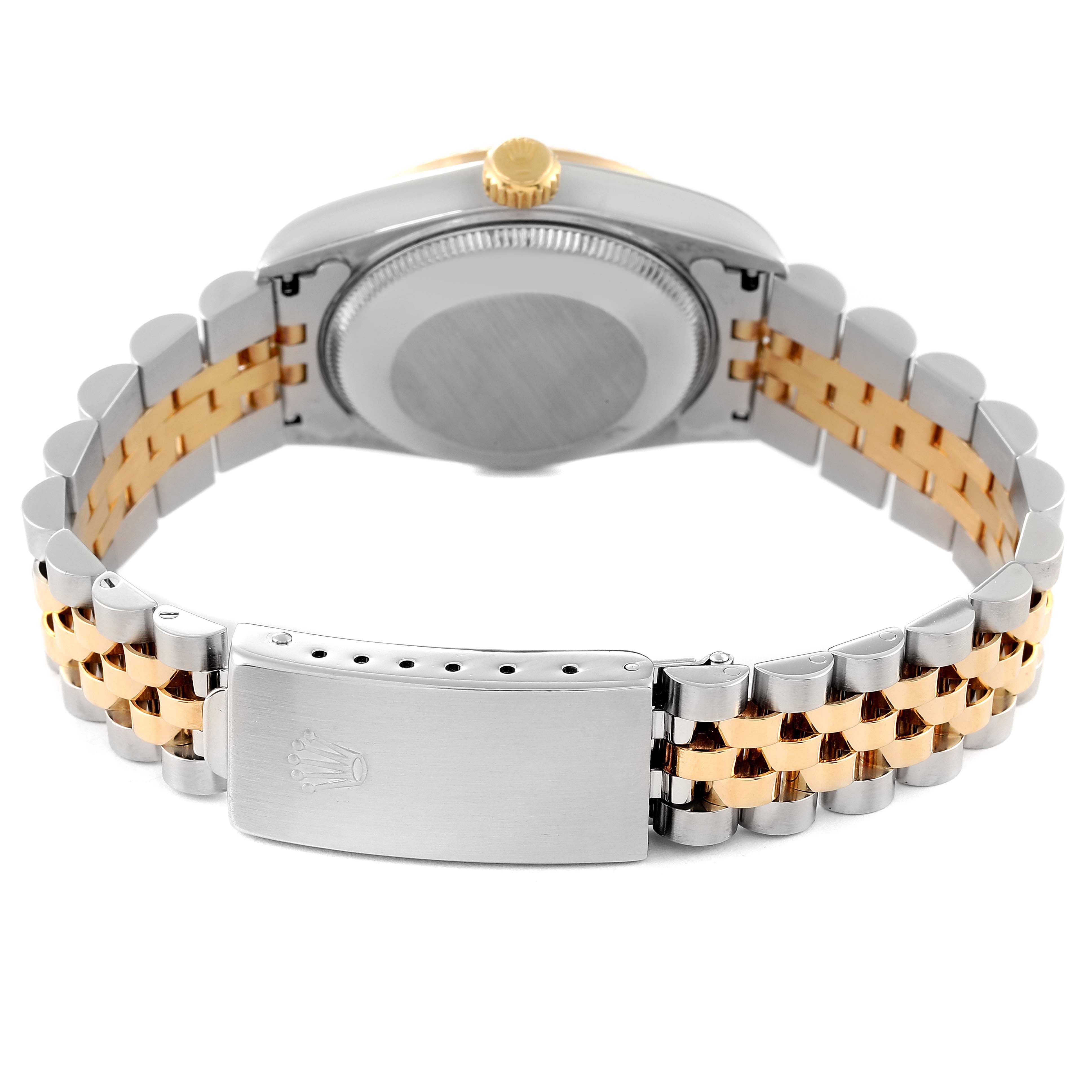 This image shows the back view of a Mid-Size Rolex watch, highlighting the case back, crown, and two-tone bracelet with a clasp.