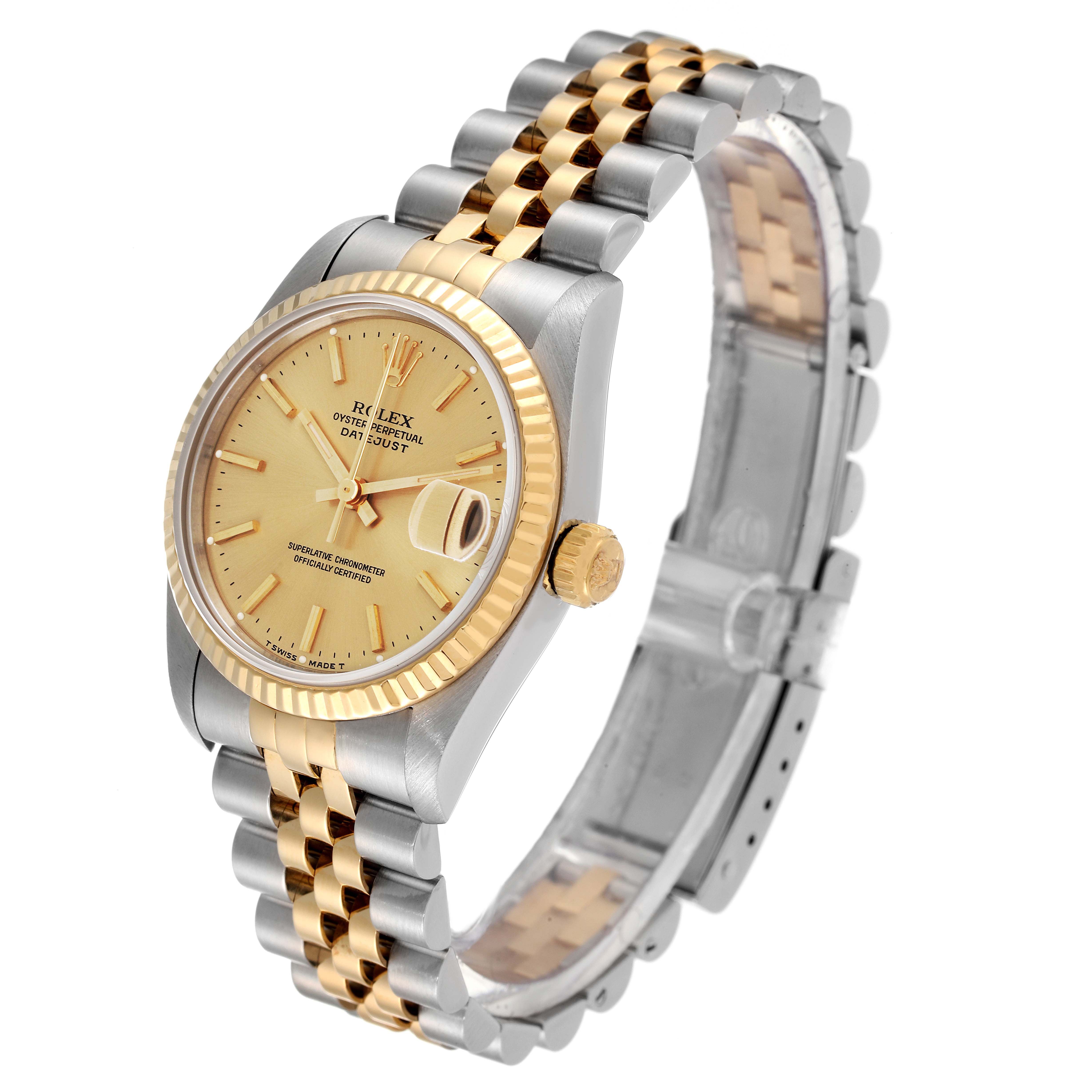 The image shows a Rolex Mid-Size 68273 Women's Steel and Gold (two tone) Champagne Dial 68273 Women's Steel and Gold (two tone) Champagne Dial Oyster Perpetual Datejust watch at a three-quarter angle, displaying the dial, bezel, crown, and bracelet.