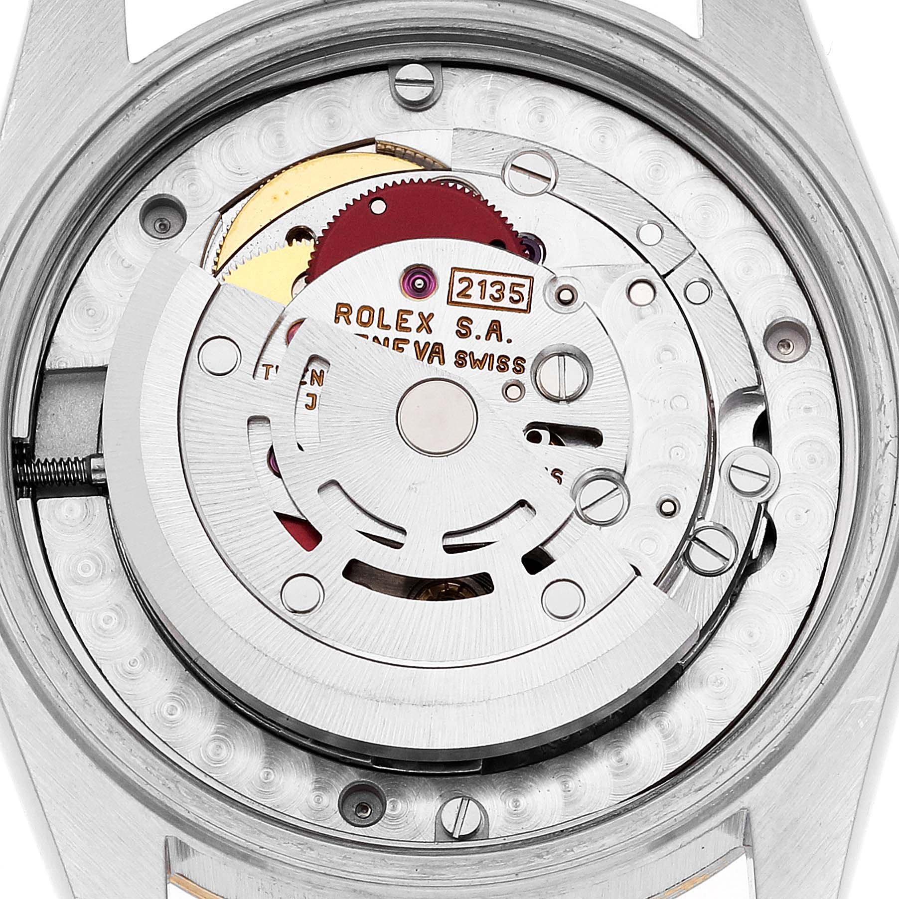This image shows the backside of a Rolex Mid-Size 68273 Women's Steel and Gold (two tone) Champagne Dial 68273 Women's Steel and Gold (two tone) Champagne Dial watch, highlighting the internal movement mechanism labeled "Rolex S.A. Geneva Swiss."