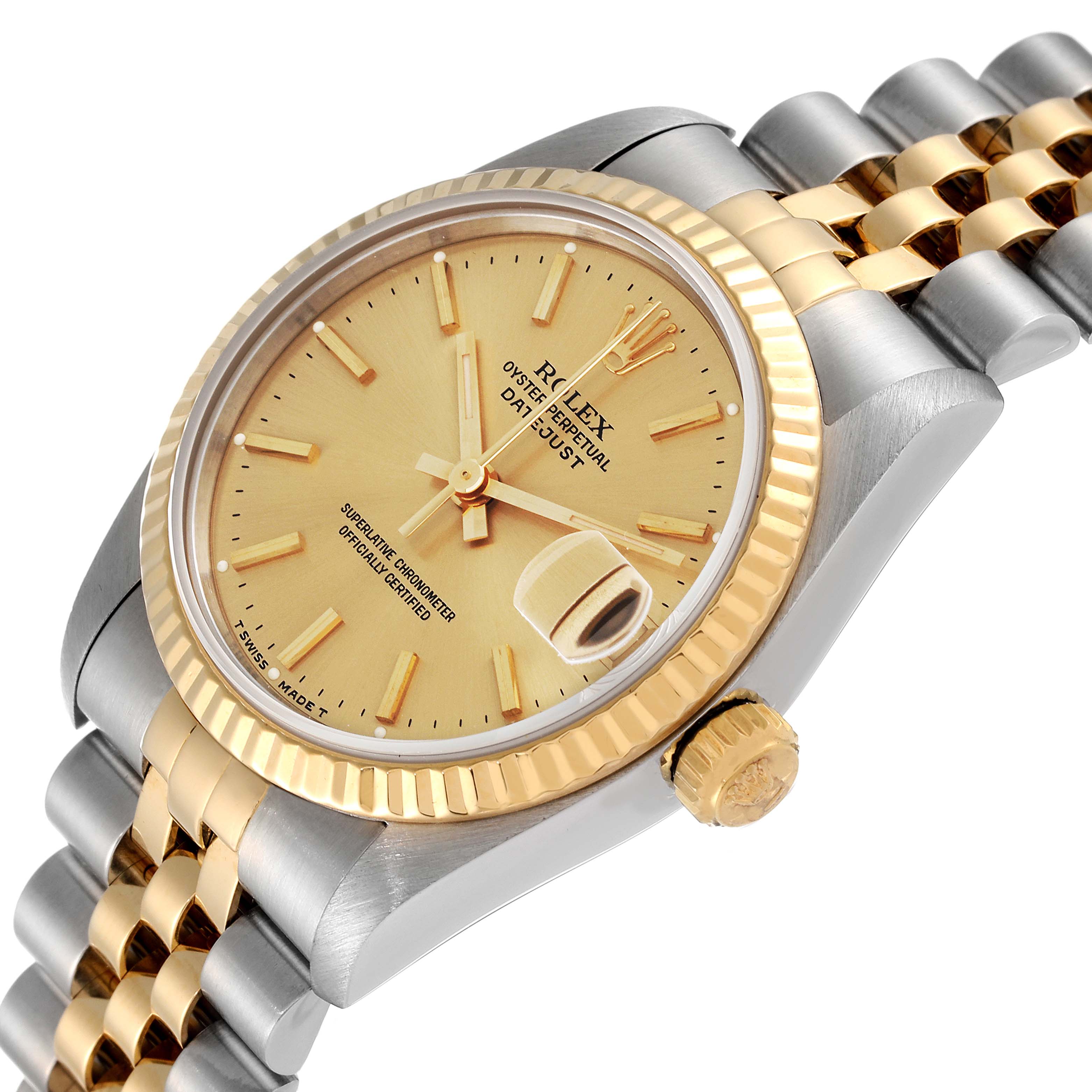 The image shows a Rolex Mid-Size 68273 Women's Steel and Gold (two tone) Champagne Dial 68273 Women's Steel and Gold (two tone) Champagne Dial watch from an angled side view, highlighting its gold bezel, crown, and bracelet links.