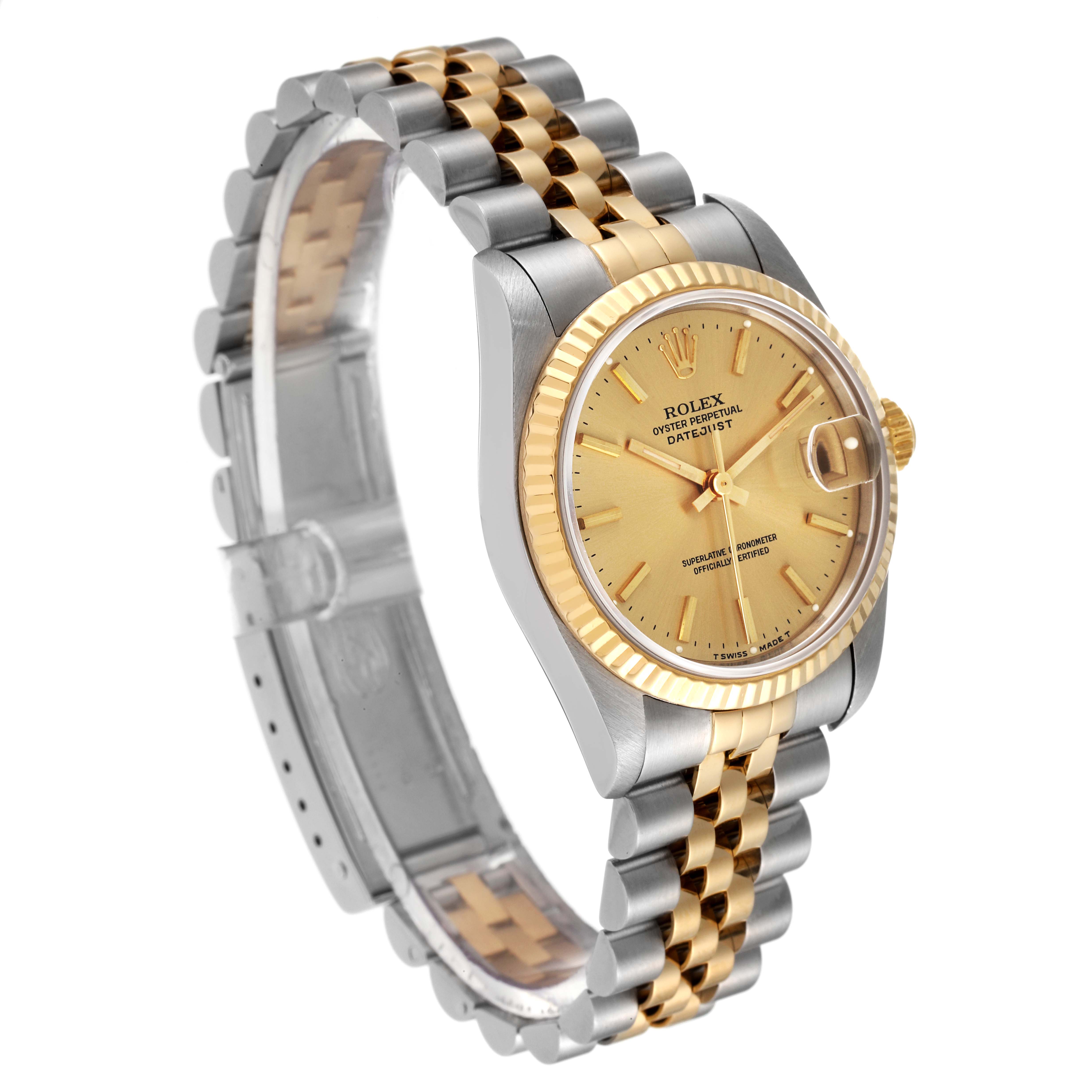 The Rolex Mid-Size 68273 Women's Steel and Gold (two tone) Champagne Dial 68273 Women's Steel and Gold (two tone) Champagne Dial watch is shown at an angled side view, displaying its two-tone bracelet, fluted bezel, and champagne dial with a date window.