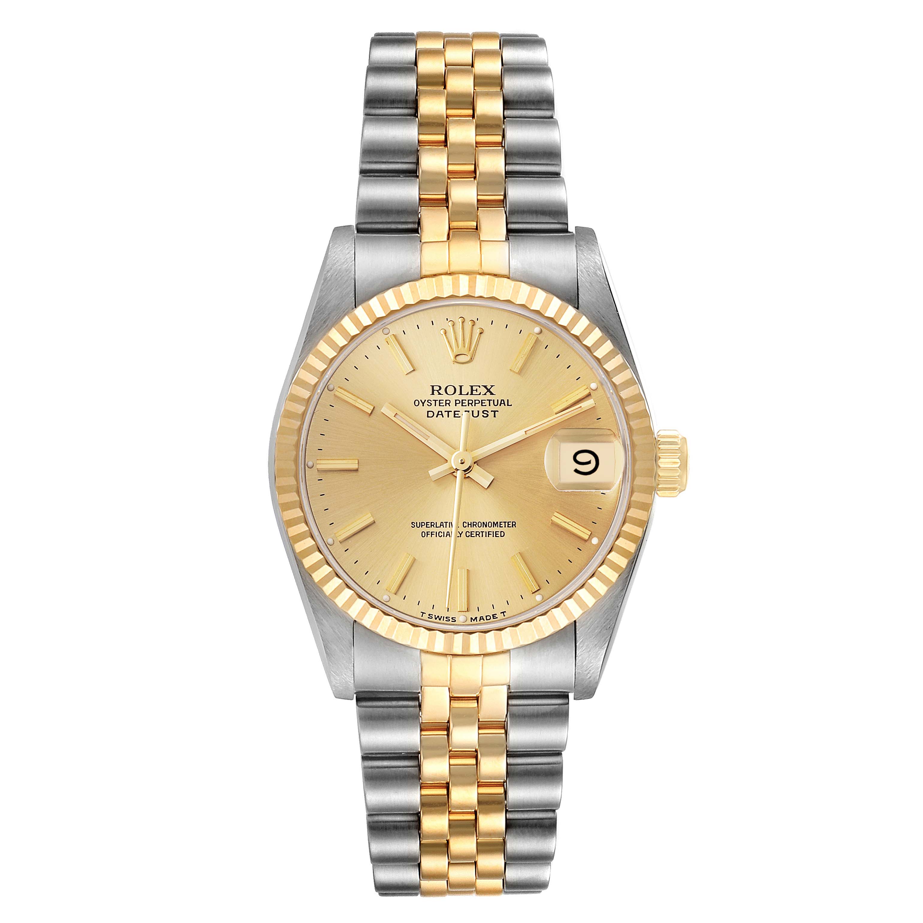 This image shows a Rolex Mid-Size 68273 Women's Steel and Gold (two tone) Champagne Dial 68273 Women's Steel and Gold (two tone) Champagne Dial Oyster Perpetual Datejust watch from the front, displaying its dial, bracelet, and crown.