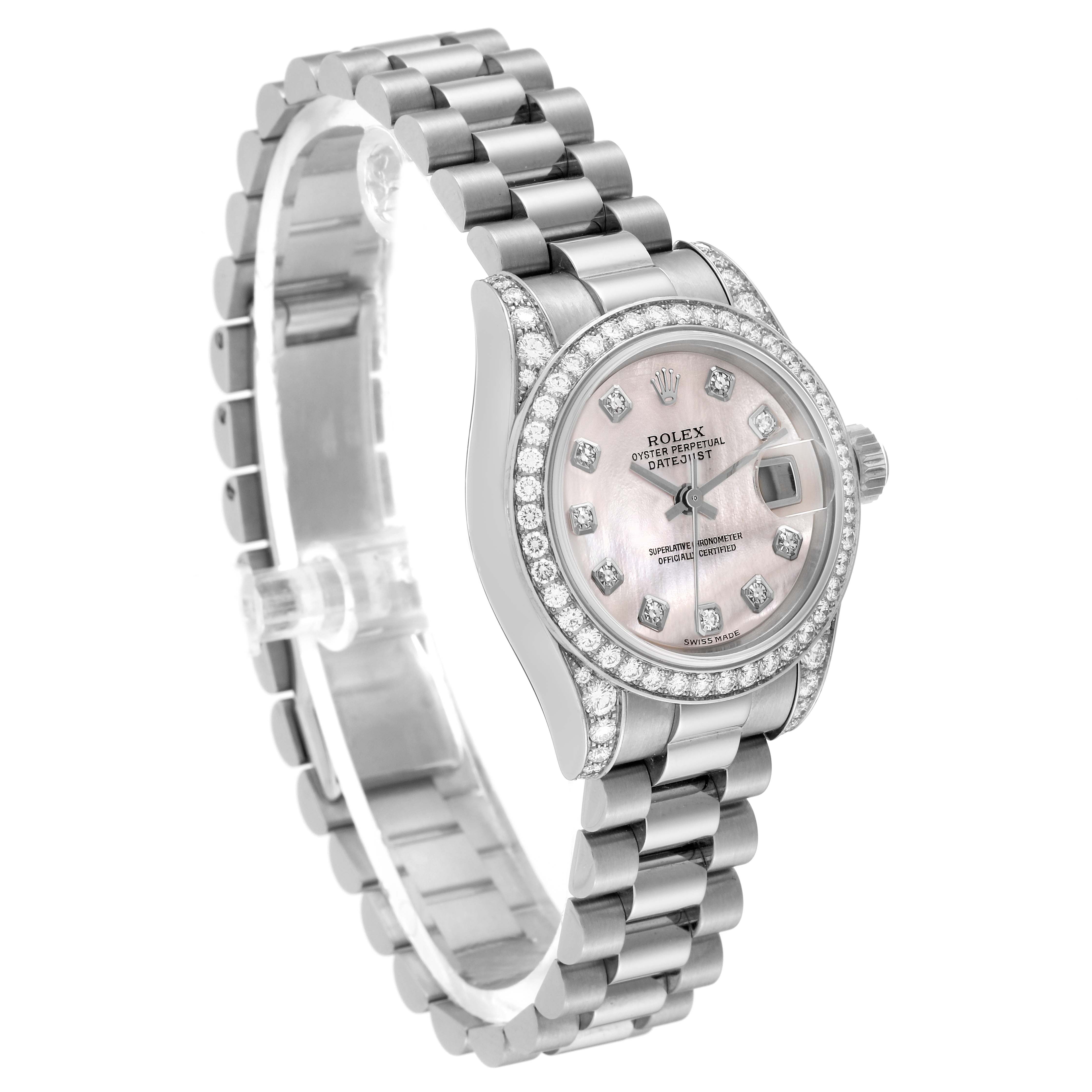 The image shows a Rolex President 179159 Women's White Gold Mother of Pearl Dial 179159 Women's White Gold Mother of Pearl Dial model watch, displaying the bracelet, dial, bezel, and crown from an angled side view.