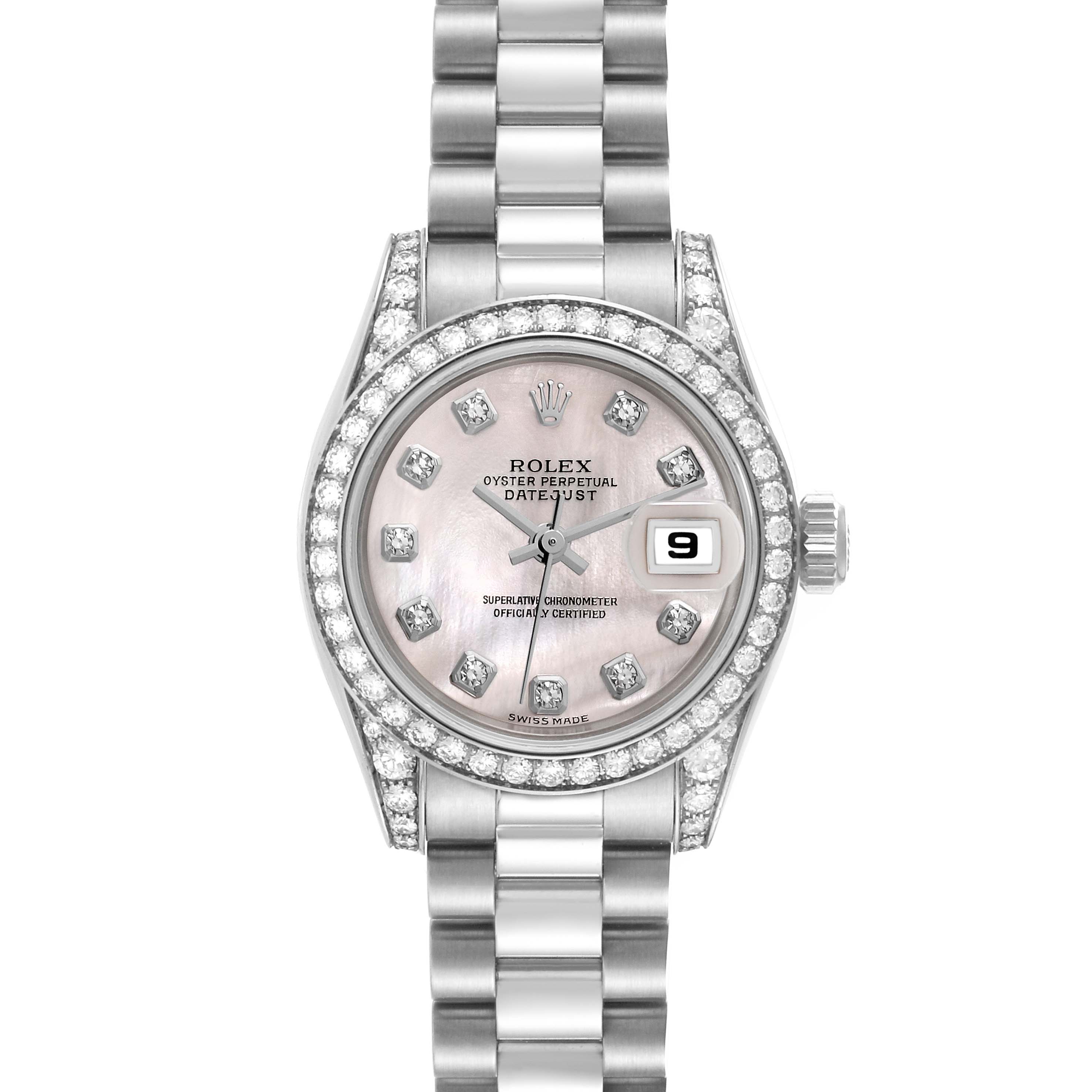 This Rolex President 179159 Women's White Gold Mother of Pearl Dial 179159 Women's White Gold Mother of Pearl Dial model watch is shown from a front angle, displaying the face, bezel, and bracelet.