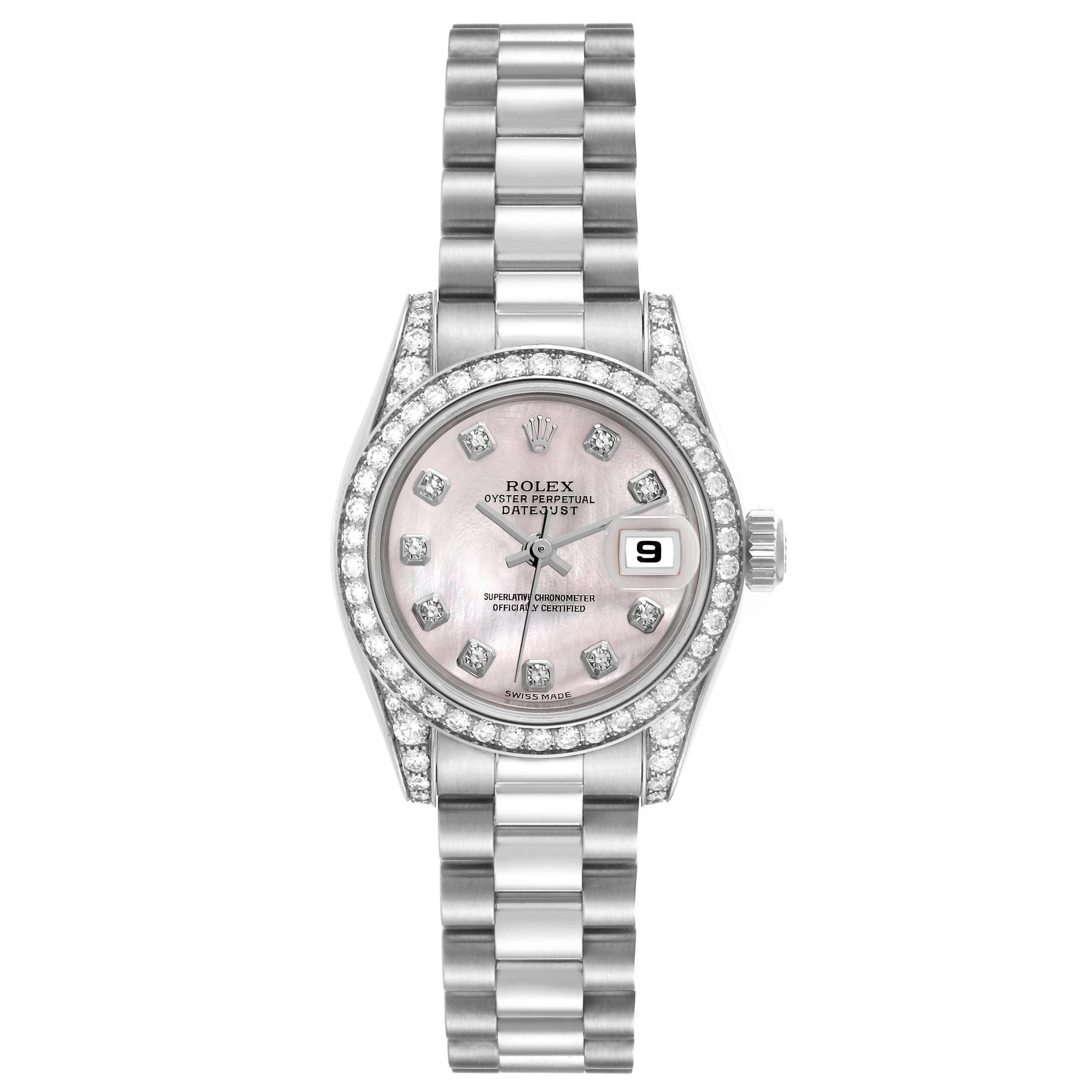 This is a front view of the Rolex President 179159 Women's White Gold Mother of Pearl Dial 179159 Women's White Gold Mother of Pearl Dial watch model, displaying the face, bezel, crown, and bracelet.