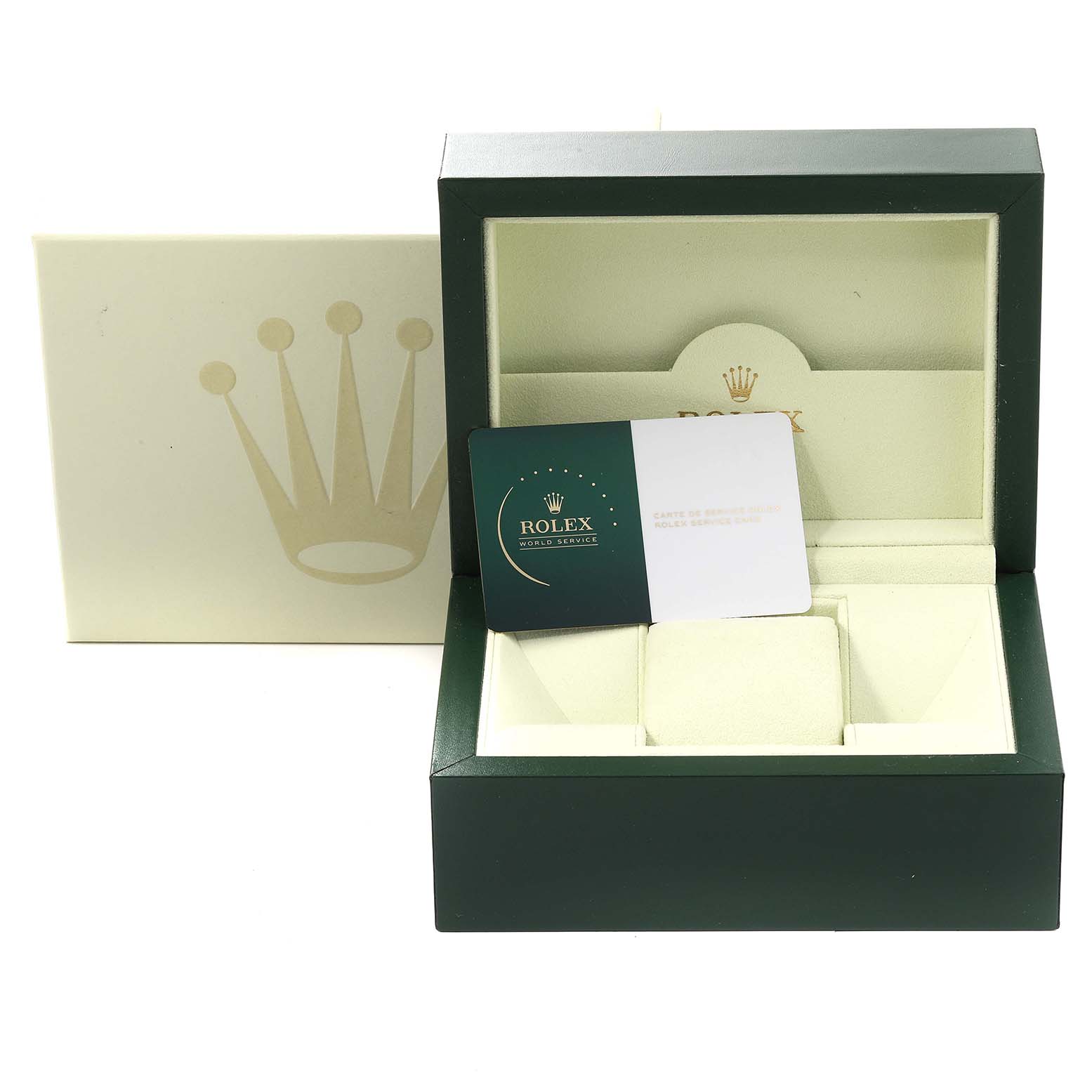 The image shows an open presentation box for the Rolex President 179159 Women's White Gold Mother of Pearl Dial 179159 Women's White Gold Mother of Pearl Dial model, along with a card.