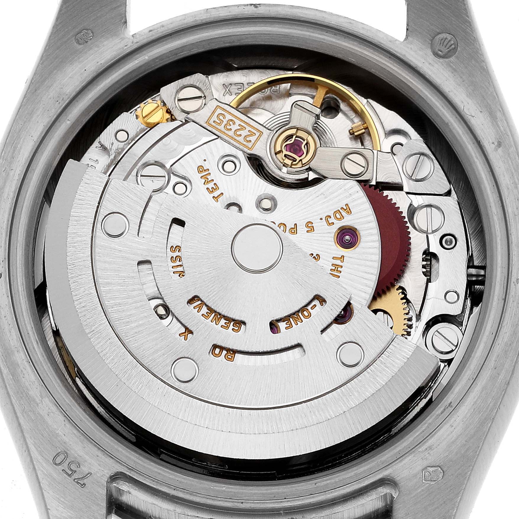 The image shows the internal mechanical movement of a Rolex President 179159 Women's White Gold Mother of Pearl Dial 179159 Women's White Gold Mother of Pearl Dial watch from the back.