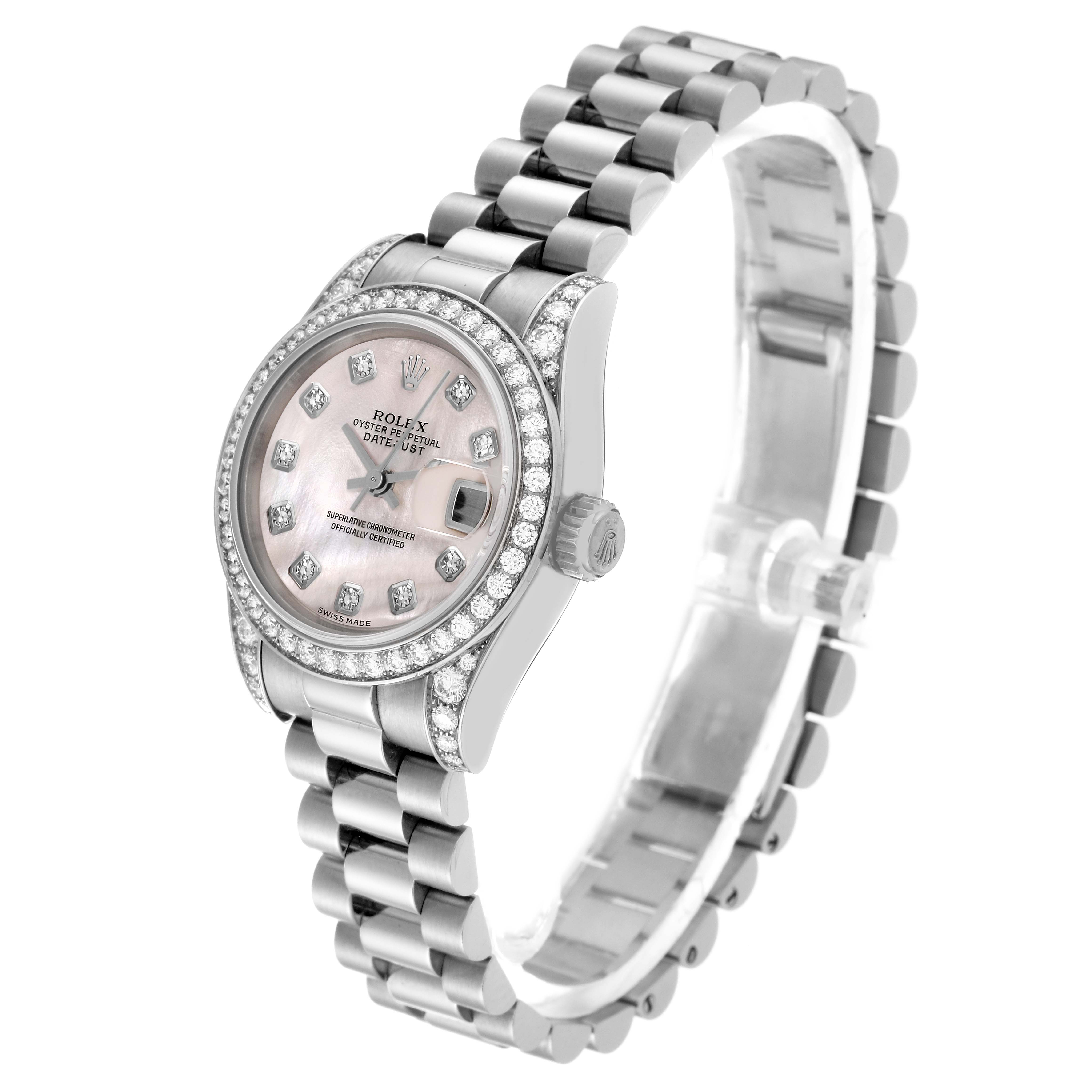The Rolex President 179159 Women's White Gold Mother of Pearl Dial 179159 Women's White Gold Mother of Pearl Dial model watch is shown at an angled side view, highlighting the face, bezel, crown, and bracelet.