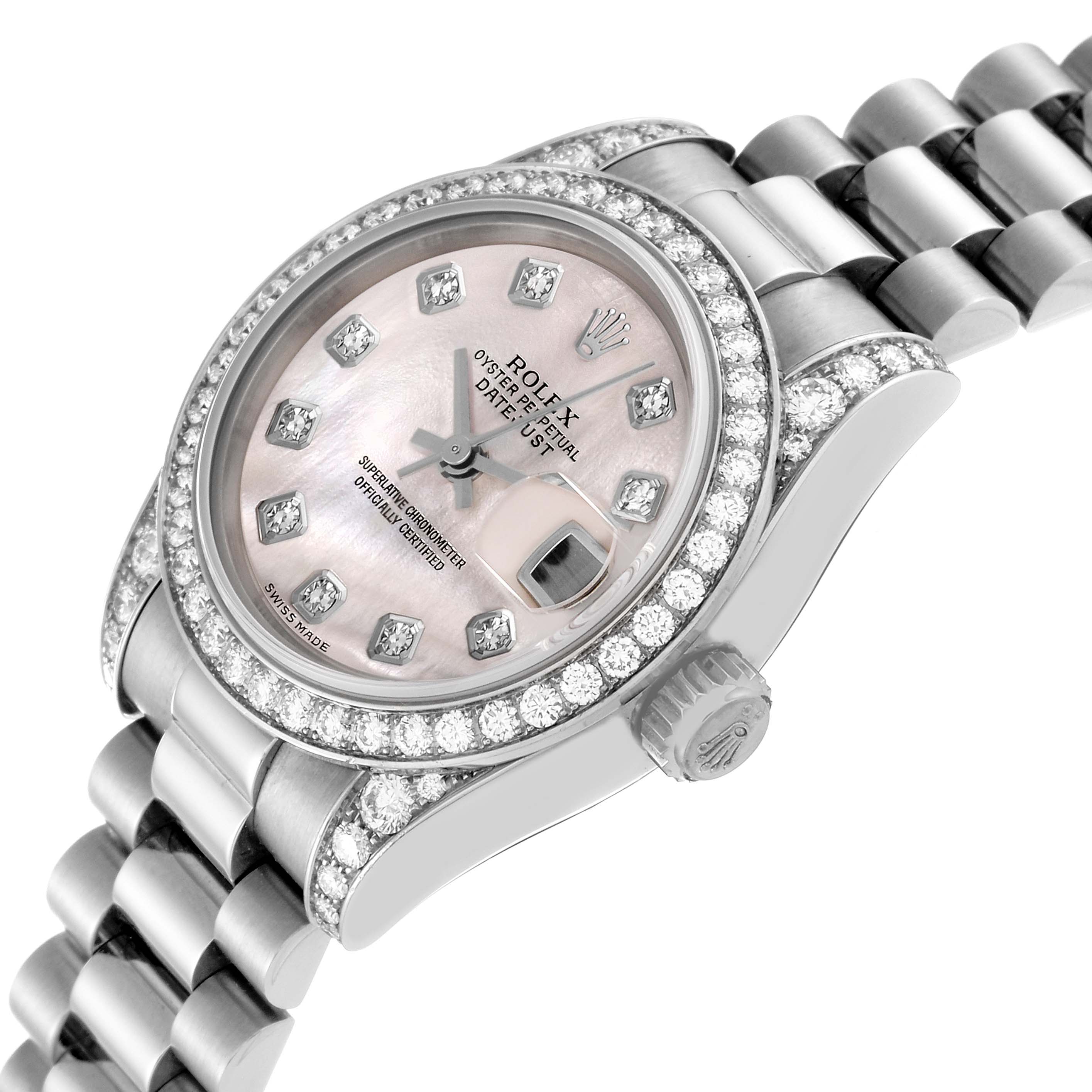 This image shows the face, bezel, and part of the bracelet of the Rolex President 179159 Women's White Gold Mother of Pearl Dial 179159 Women's White Gold Mother of Pearl Dial model watch at a slight angle.