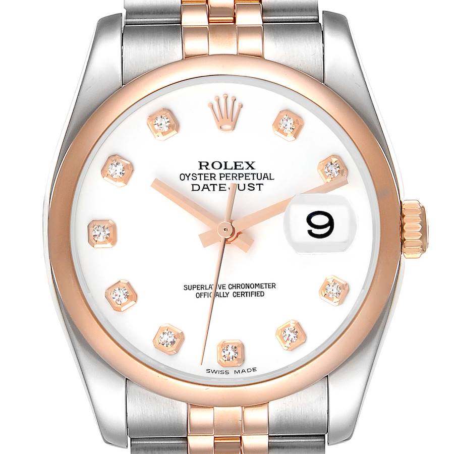 Rolex Datejust Steel Rose Gold White Diamond Dial Mens Watch 116201 SwissWatchExpo