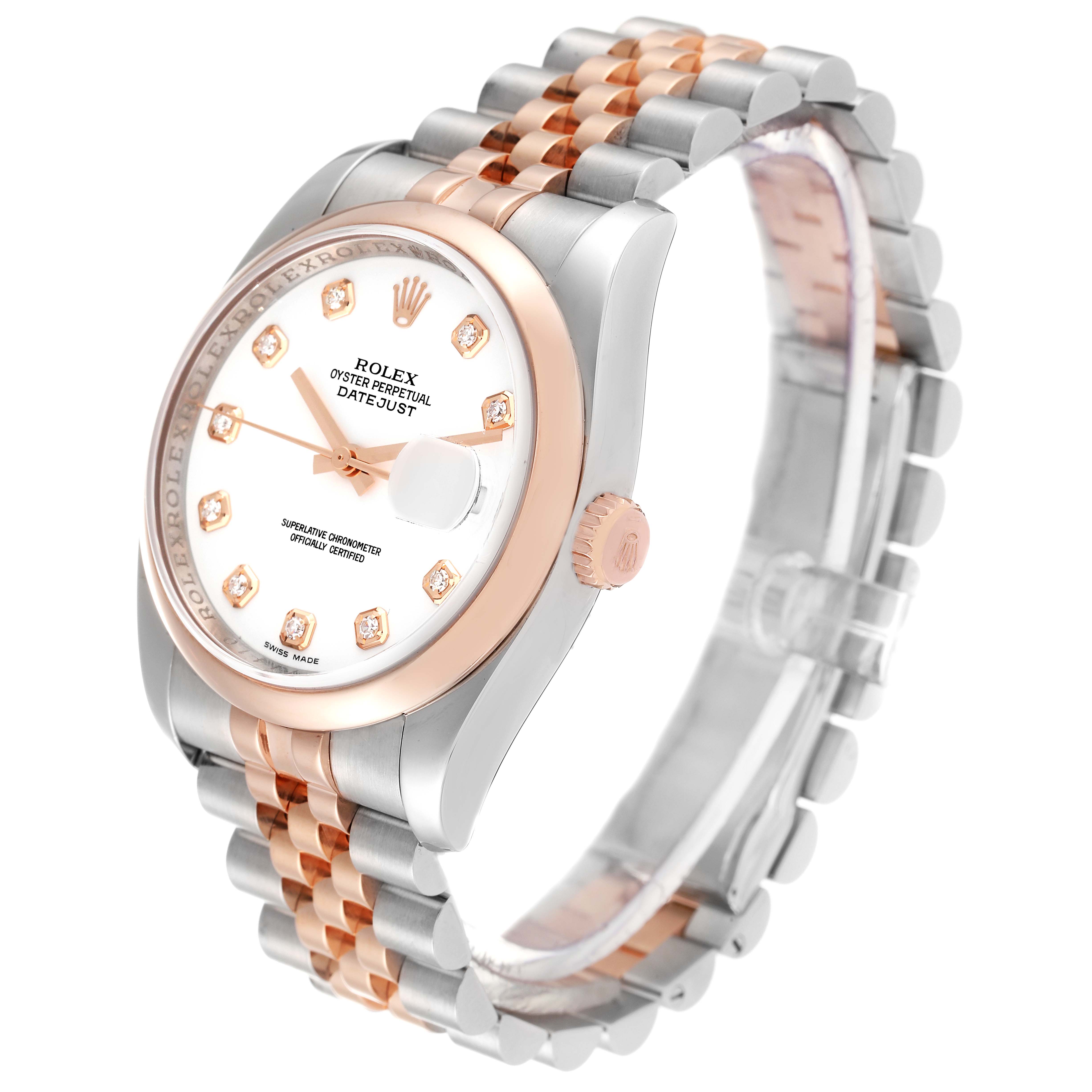 The image shows a side and partial top view of the Rolex Datejust 116201 Men's Steel and Gold (two tone) White Dial 116201 Men's Steel and Gold (two tone) White Dial watch, highlighting its dial, crown, and two-tone bracelet.