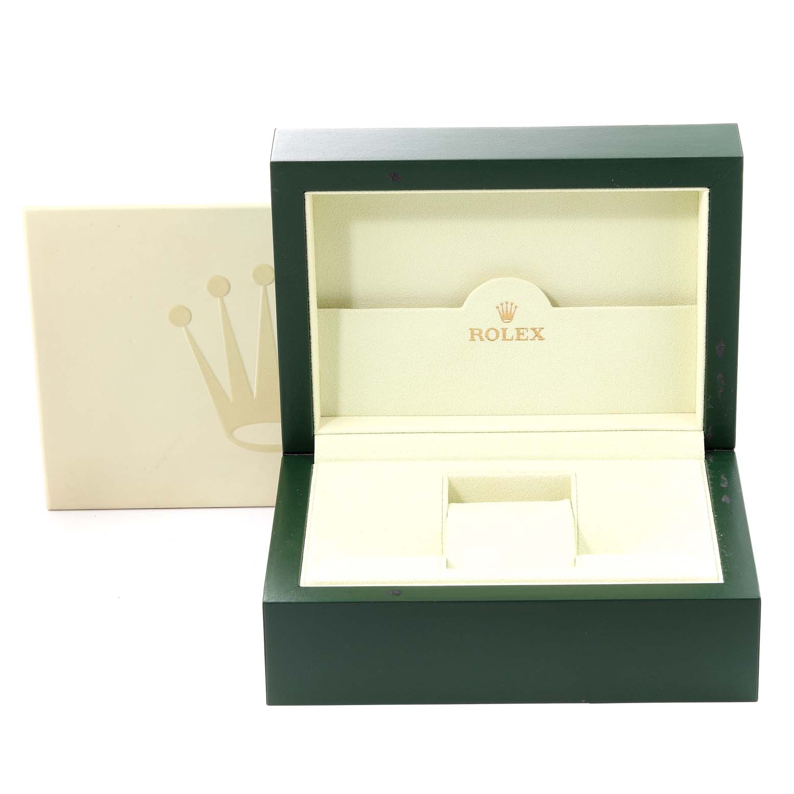 The image shows an open Rolex Datejust 116201 Men's Steel and Gold (two tone) White Dial 116201 Men's Steel and Gold (two tone) White Dial watch box, including the outer box and inner display case in a front view angle.