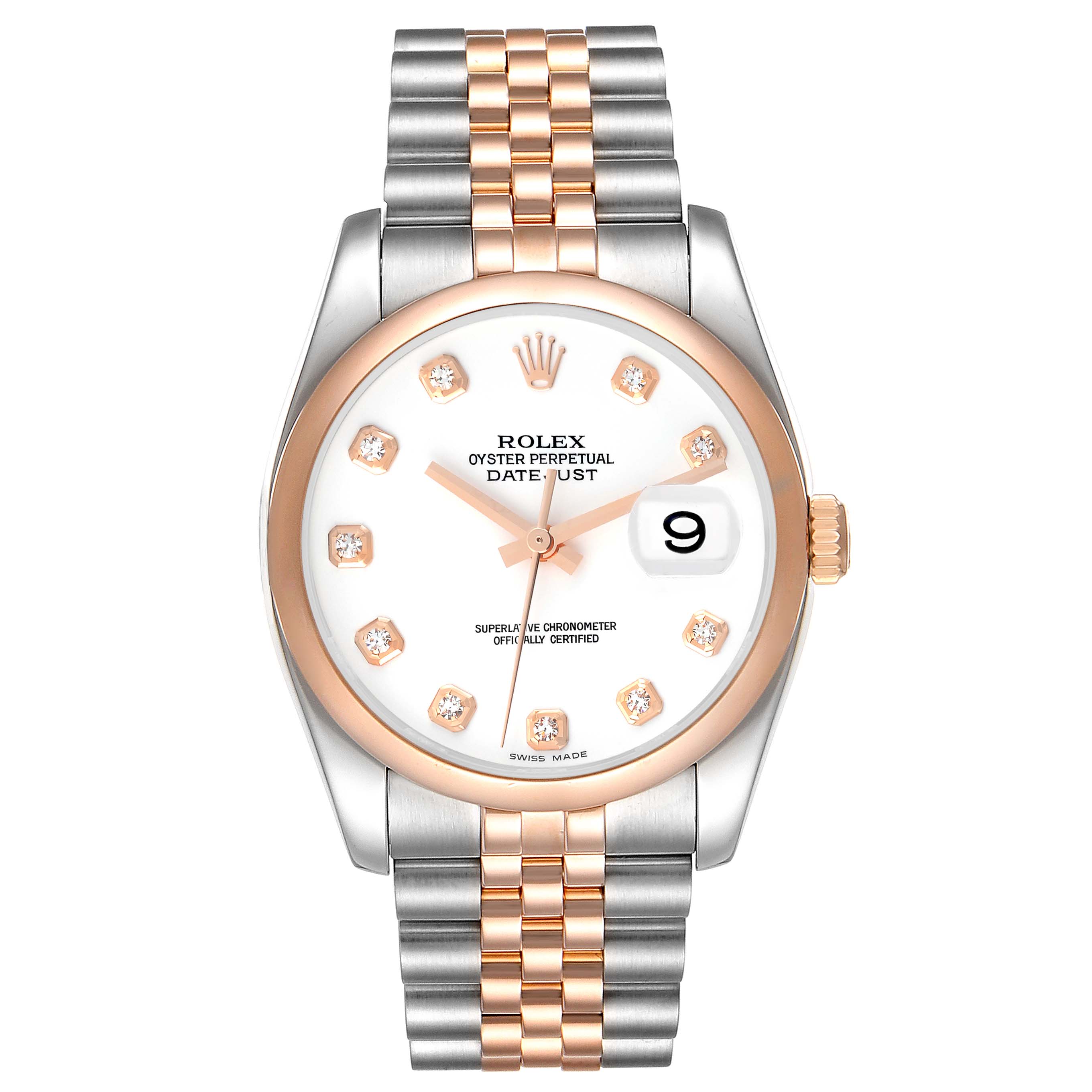 The image shows a front view of a Rolex Datejust 116201 Men's Steel and Gold (two tone) White Dial 116201 Men's Steel and Gold (two tone) White Dial watch highlighting the dial, bezel, and bracelet.