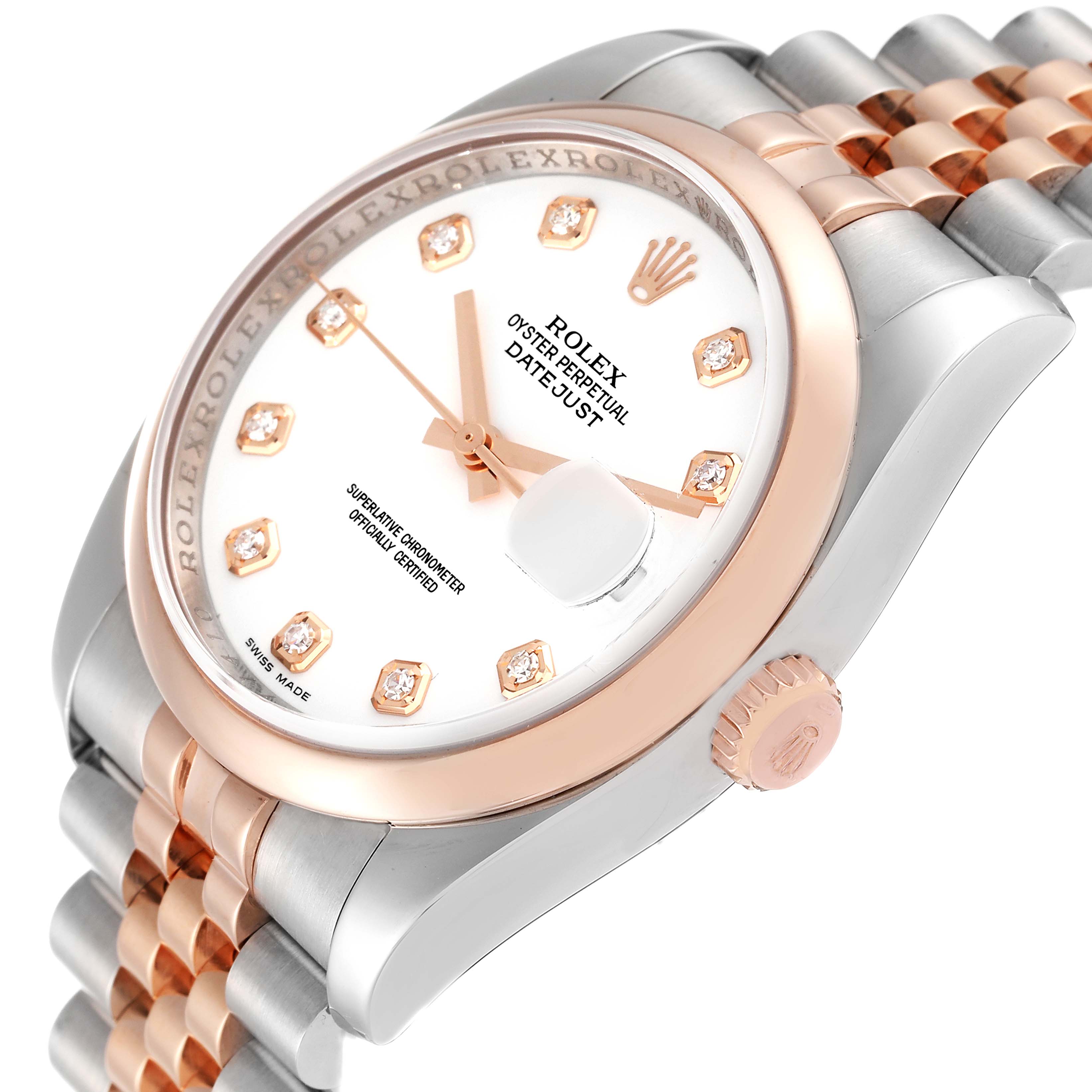 The image shows a close-up angle of the Rolex Datejust 116201 Men's Steel and Gold (two tone) White Dial 116201 Men's Steel and Gold (two tone) White Dial watch, focusing on the dial, bezel, crown, and bracelet.