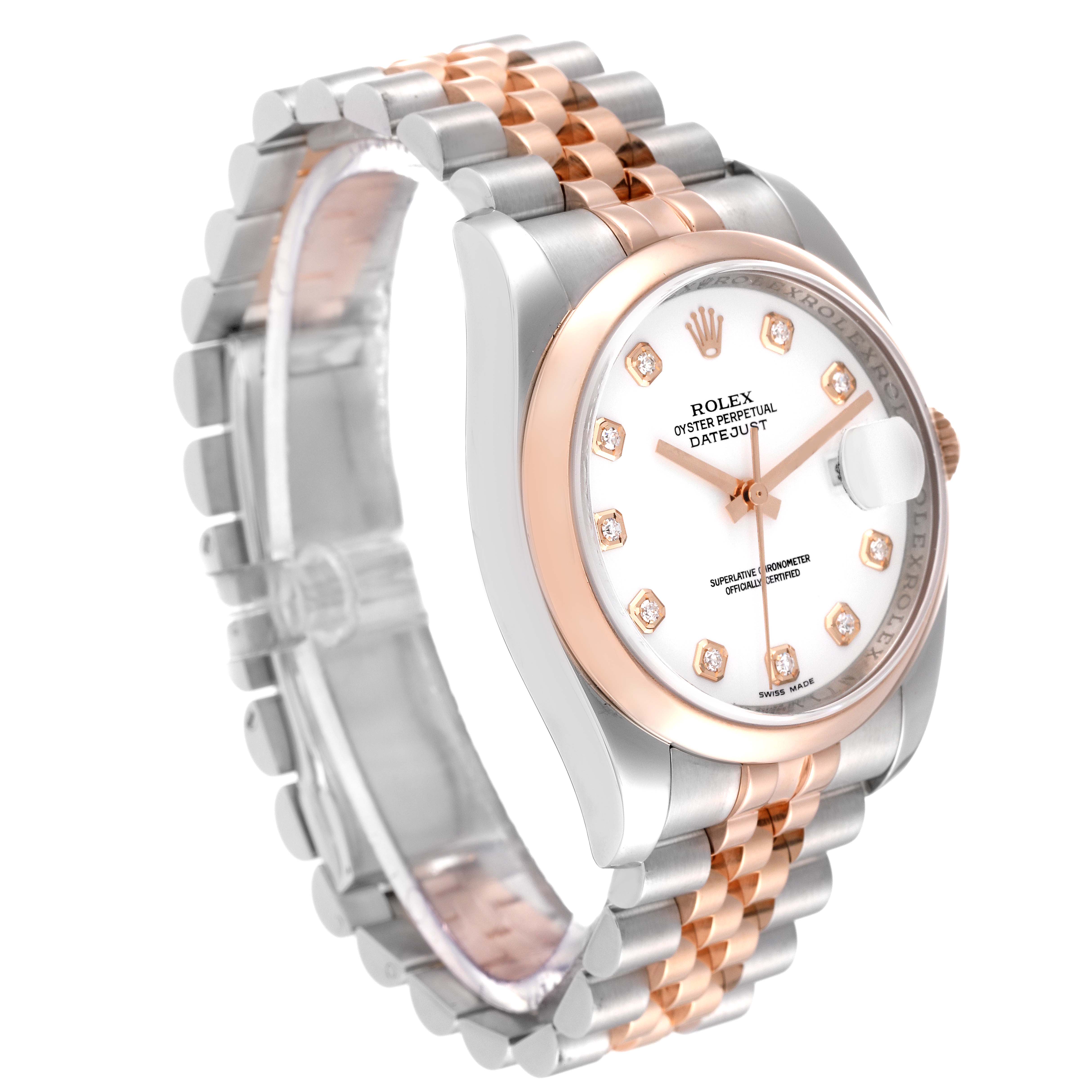 This Rolex Datejust 116201 Men's Steel and Gold (two tone) White Dial 116201 Men's Steel and Gold (two tone) White Dial watch is shown at a three-quarter angle, highlighting the two-tone bracelet, bezel, and dial with diamond markers.