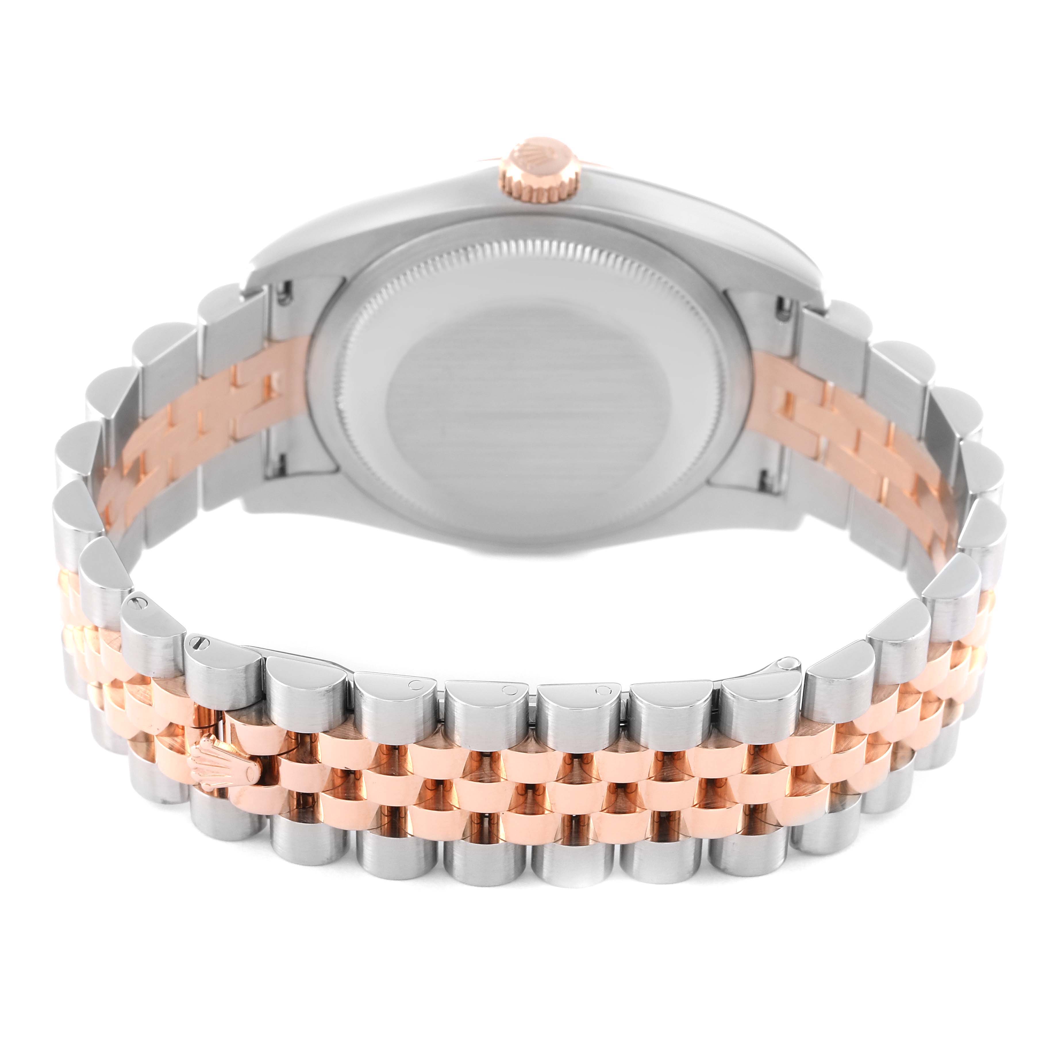 The image shows the back case and two-tone bracelet of the Rolex Datejust 116201 Men's Steel and Gold (two tone) White Dial 116201 Men's Steel and Gold (two tone) White Dial watch from a rear angle.