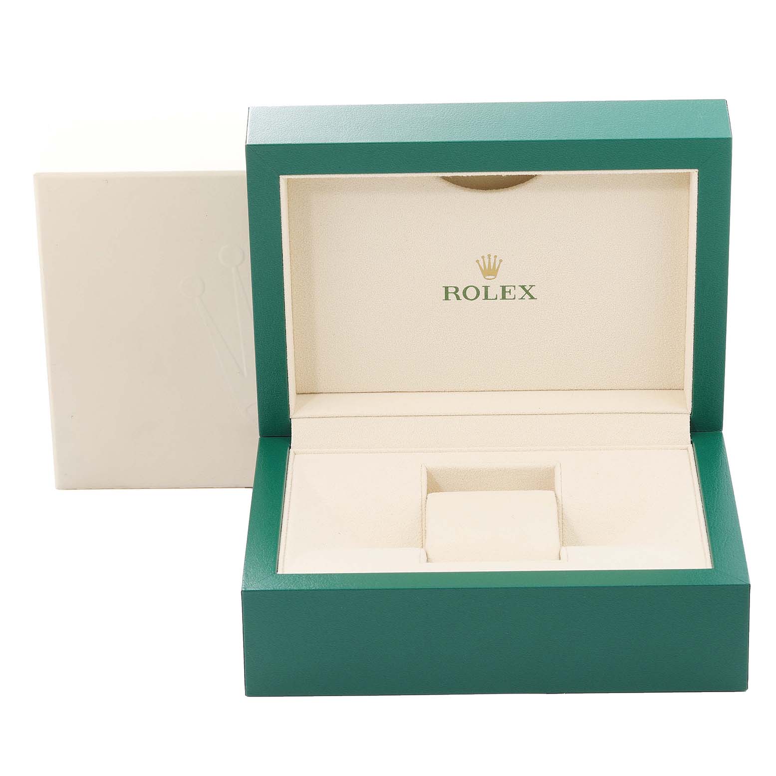 The image shows an open Rolex Datejust 116231 Men's Steel and Gold (two tone) White Dial 116231 Men's Steel and Gold (two tone) White Dial watch box, featuring a green exterior and beige interior.
