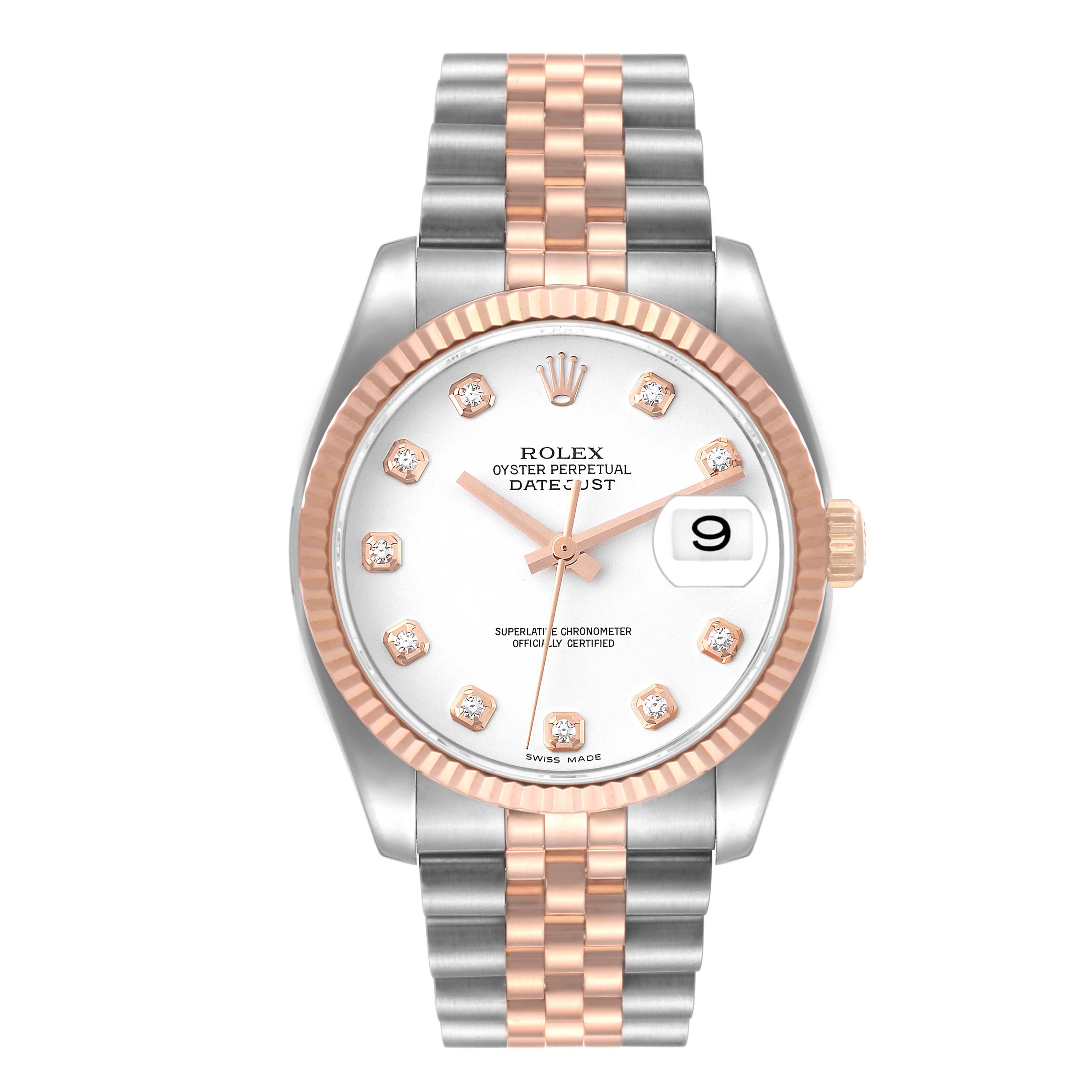 The image shows a front view of the Rolex Datejust 116231 Men's Steel and Gold (two tone) White Dial 116231 Men's Steel and Gold (two tone) White Dial watch, highlighting the dial, hands, bezel, and bracelet.