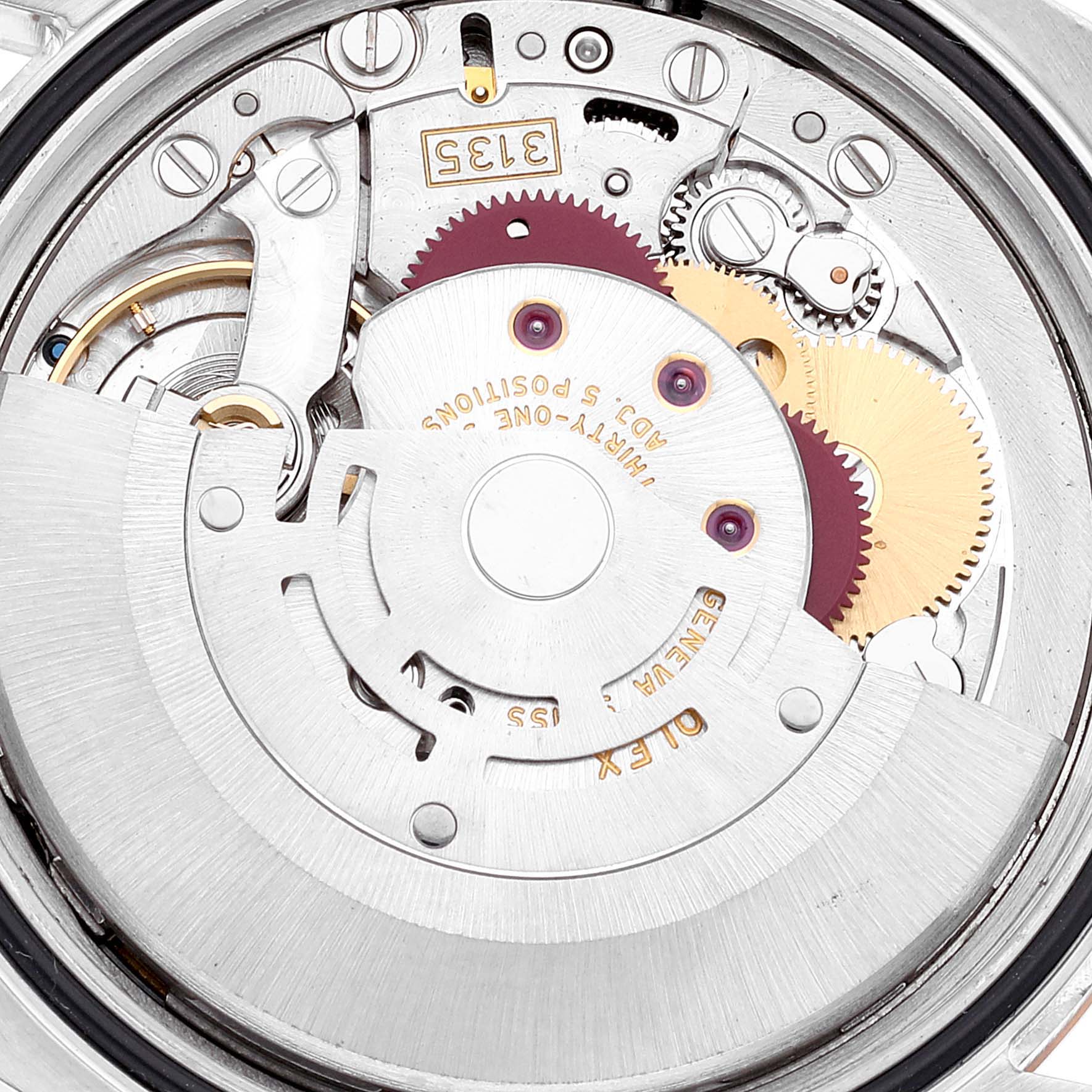 The image shows the inner watch mechanism and movement of a Rolex Datejust 116231 Men's Steel and Gold (two tone) White Dial 116231 Men's Steel and Gold (two tone) White Dial model at a close-up angle.