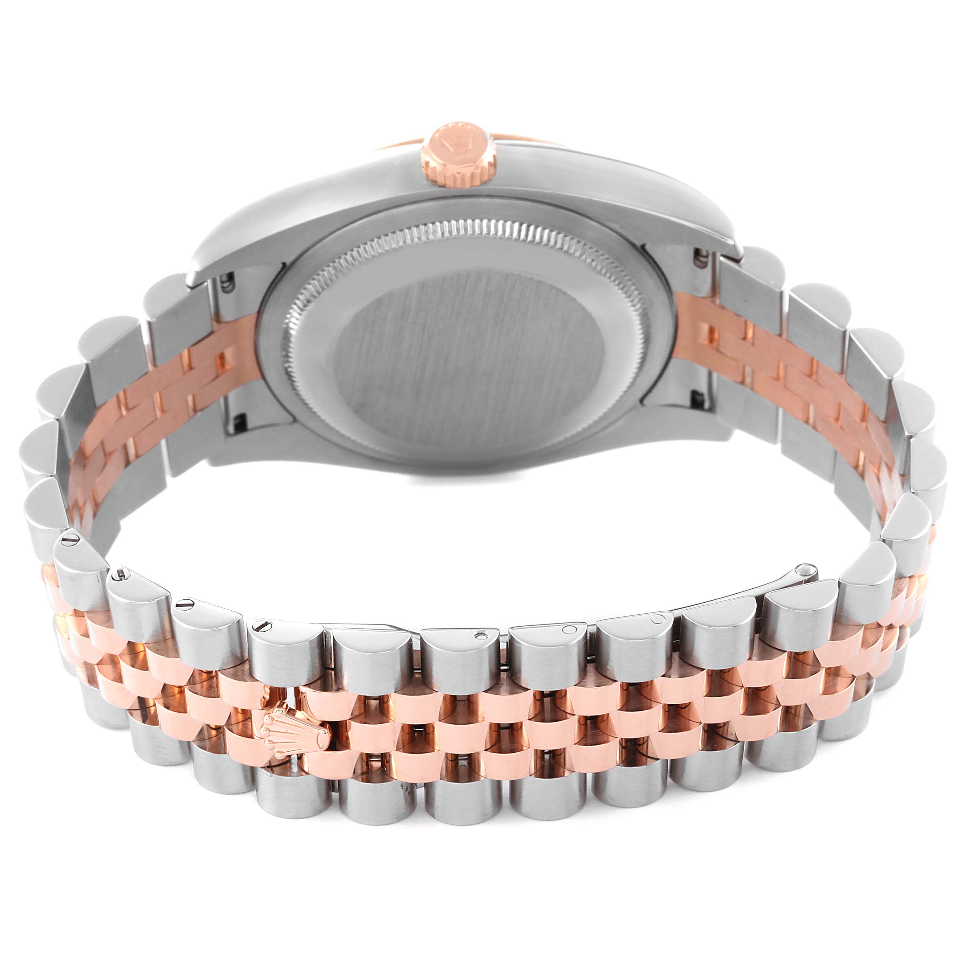 The image shows the back view of a Rolex Datejust 116231 Men's Steel and Gold (two tone) White Dial 116231 Men's Steel and Gold (two tone) White Dial watch, highlighting its two-tone metal bracelet and case back.