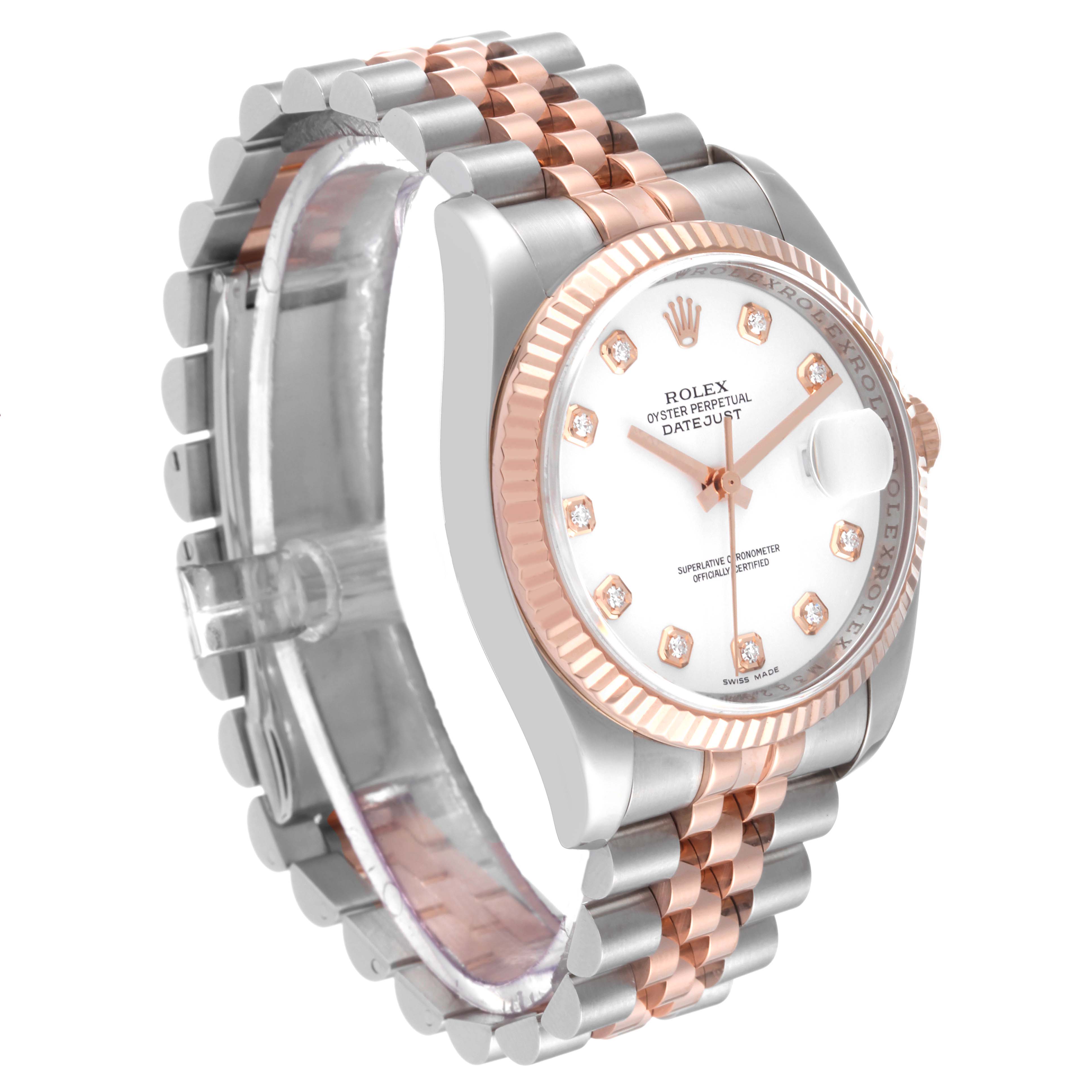 This image shows a Rolex Datejust 116231 Men's Steel and Gold (two tone) White Dial 116231 Men's Steel and Gold (two tone) White Dial watch at a three-quarter angle, featuring its face, bezel, and bracelet.