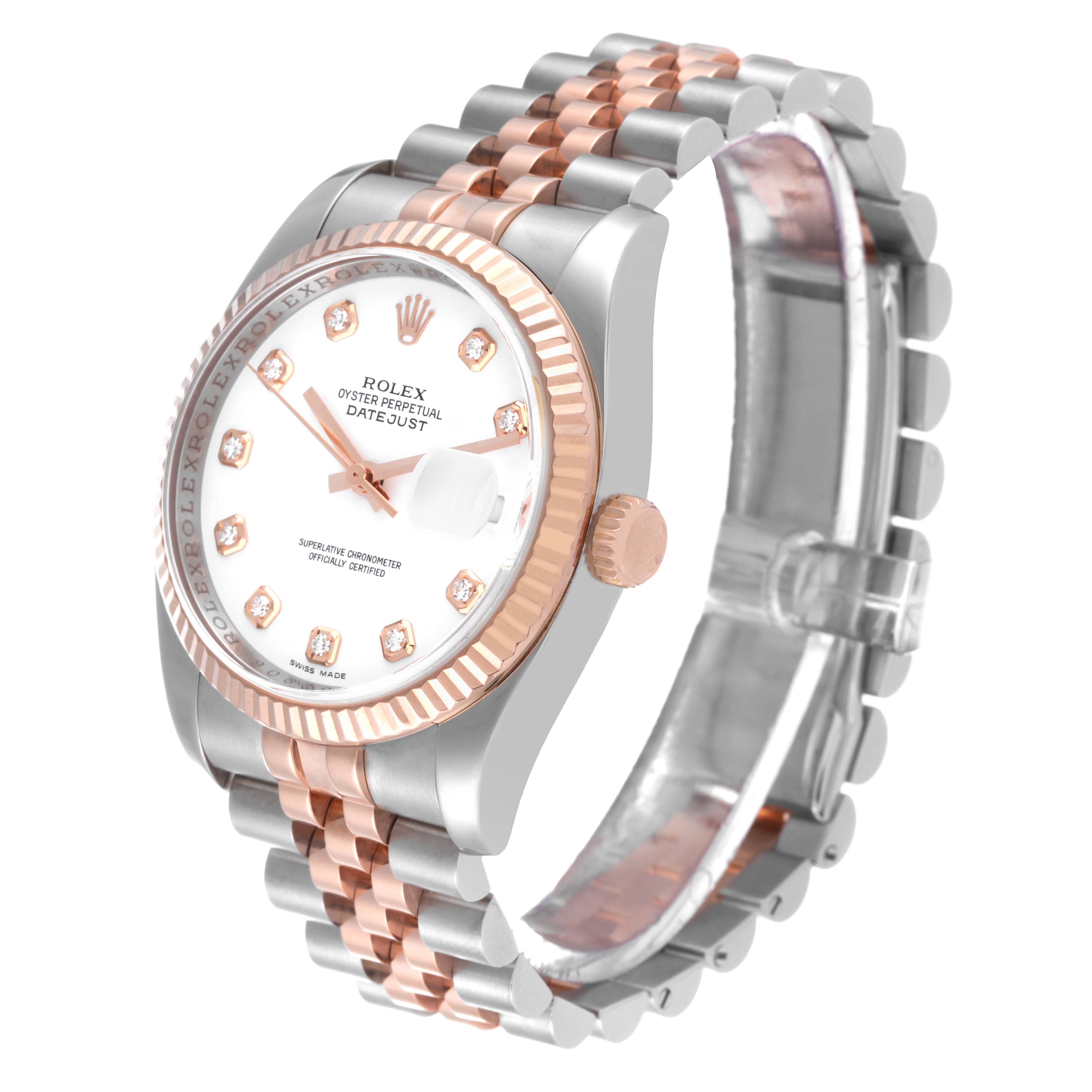 This Rolex Datejust 116231 Men's Steel and Gold (two tone) White Dial 116231 Men's Steel and Gold (two tone) White Dial watch is shown at a three-quarter angle, displaying the dial, bezel, crown, and bracelet.