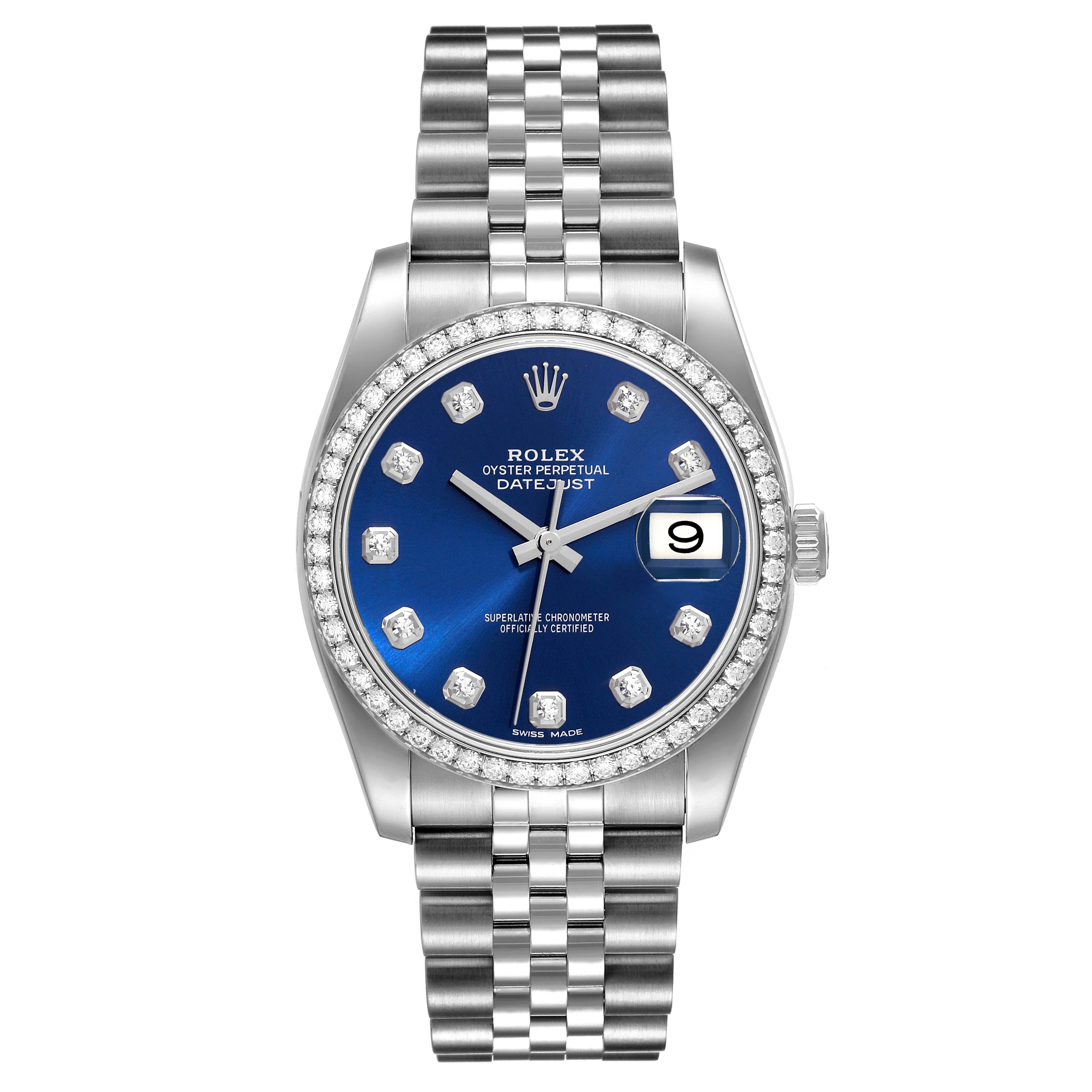 The image shows a Rolex Datejust 116244 Men's Stainless Steel Blue Dial 116244 Men's Stainless Steel Blue Dial watch from the front, highlighting the dial, hands, bezel, and bracelet.
