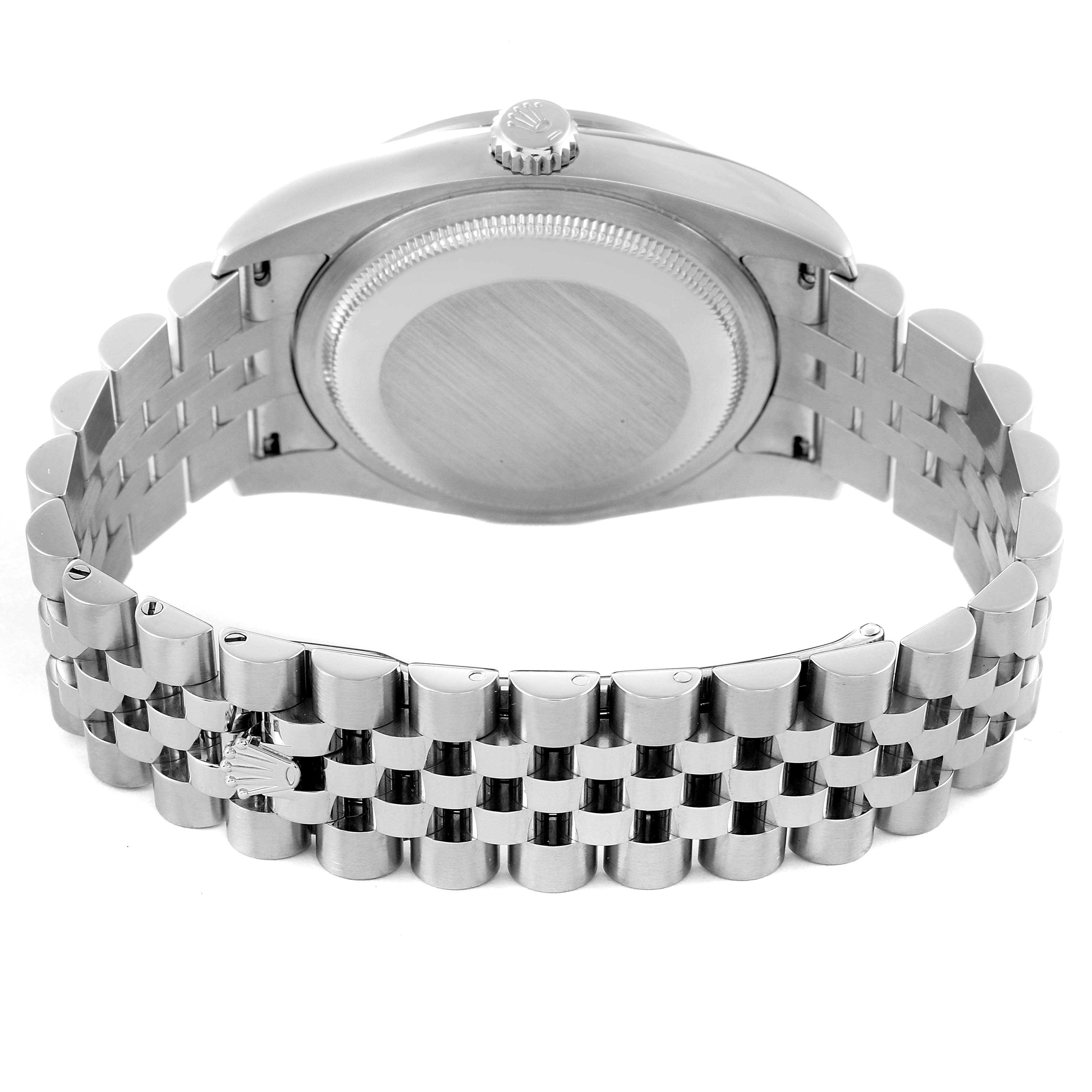 This image shows the back case and jubilee bracelet of a Rolex Datejust 116244 Men's Stainless Steel Blue Dial 116244 Men's Stainless Steel Blue Dial watch from a rear angle.